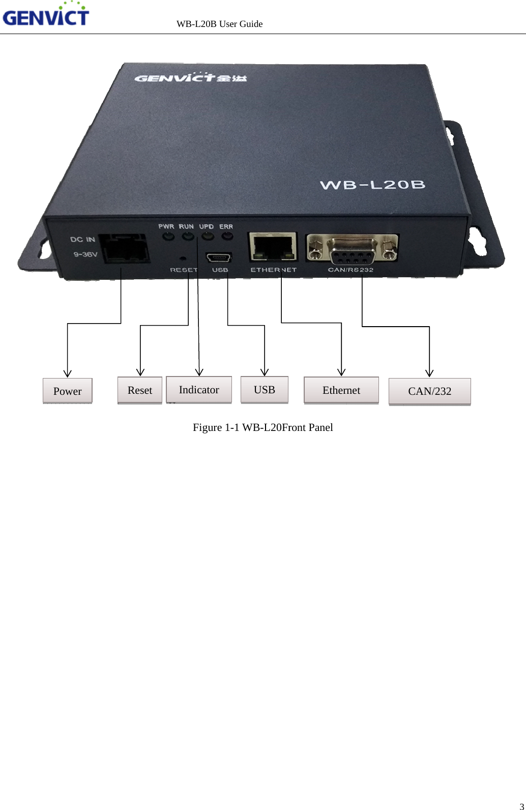    Po      ower             Reset WB-L20B UseFigure 1-Indicator er Guide     -1 WB-L20FrUSB ront Panel Etherrnet CAN/232  3  