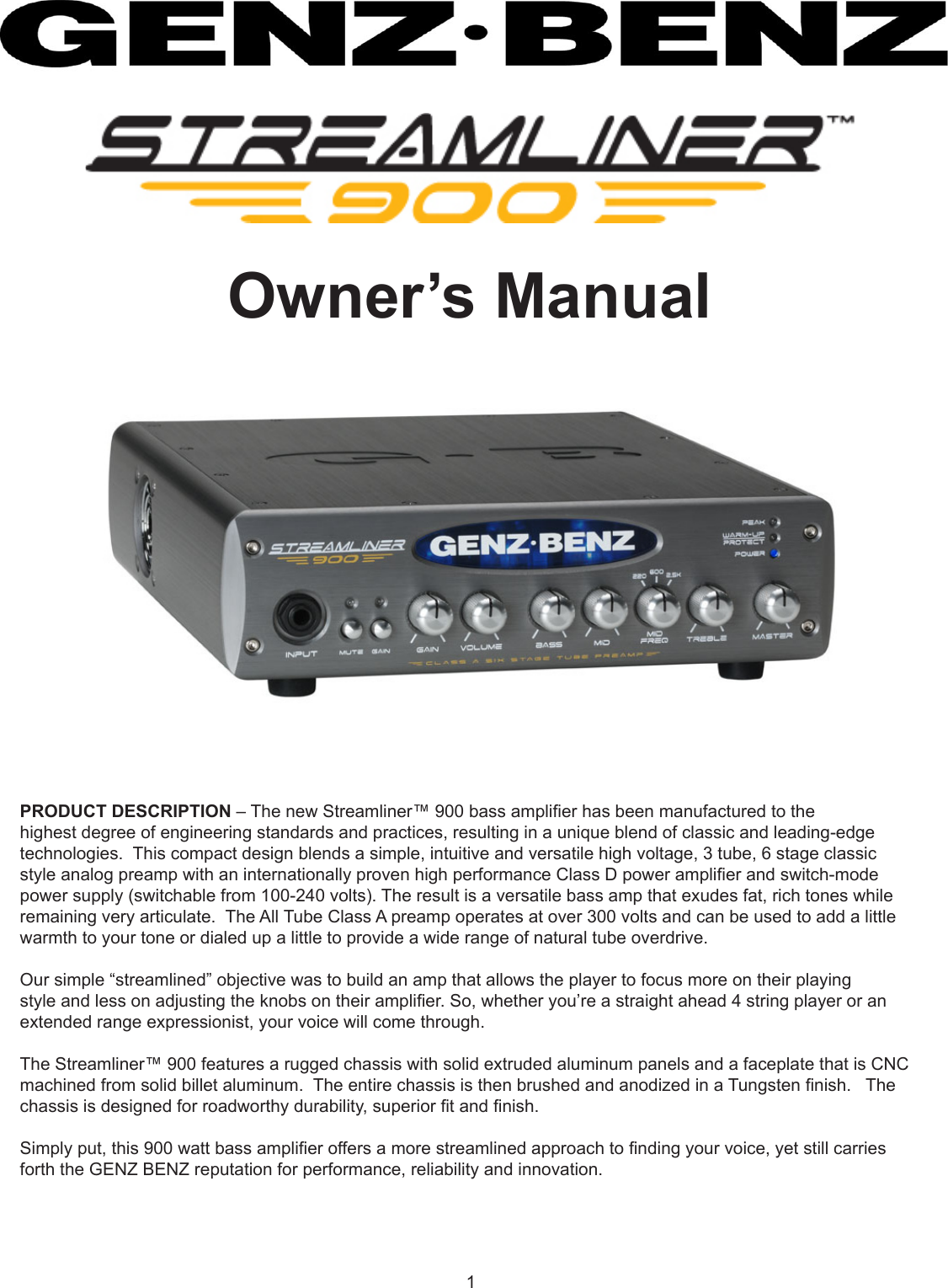 Page 1 of 7 - Genz-Benz Genz-Benz-Streamliner-900-Users-Manual-  Genz-benz-streamliner-900-users-manual