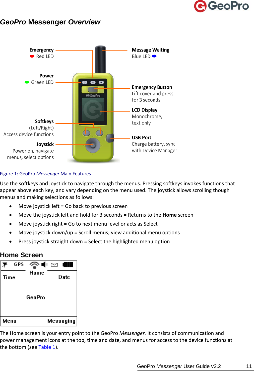  GeoPro Messenger User Guide v2.2  11 GeoPro Messenger Overview Figure1:GeoProMessengerMainFeaturesUsethesoftkeysandjoysticktonavigatethroughthemenus.Pressingsoftkeysinvokesfunctionsthatappearaboveeachkey,andvarydependingonthemenuused.Thejoystickallowsscrollingthoughmenusandmakingselectionsasfollows: Movejoystickleft=Gobacktopreviousscreen Movethejoystickleftandholdfor3seconds=ReturnstotheHomescreen Movejoystickright=GotonextmenuleveloractsasSelect Movejoystickdown/up=Scrollmenus;viewadditionalmenuoptions Pressjoystickstraightdown=SelectthehighlightedmenuoptionHome Screen  TheHomescreenisyourentrypointtotheGeoProMessenger.Itconsistsofcommunicationandpowermanagementiconsatthetop,timeanddate,andmenusforaccesstothedevicefunctionsatthebottom(seeTable1).