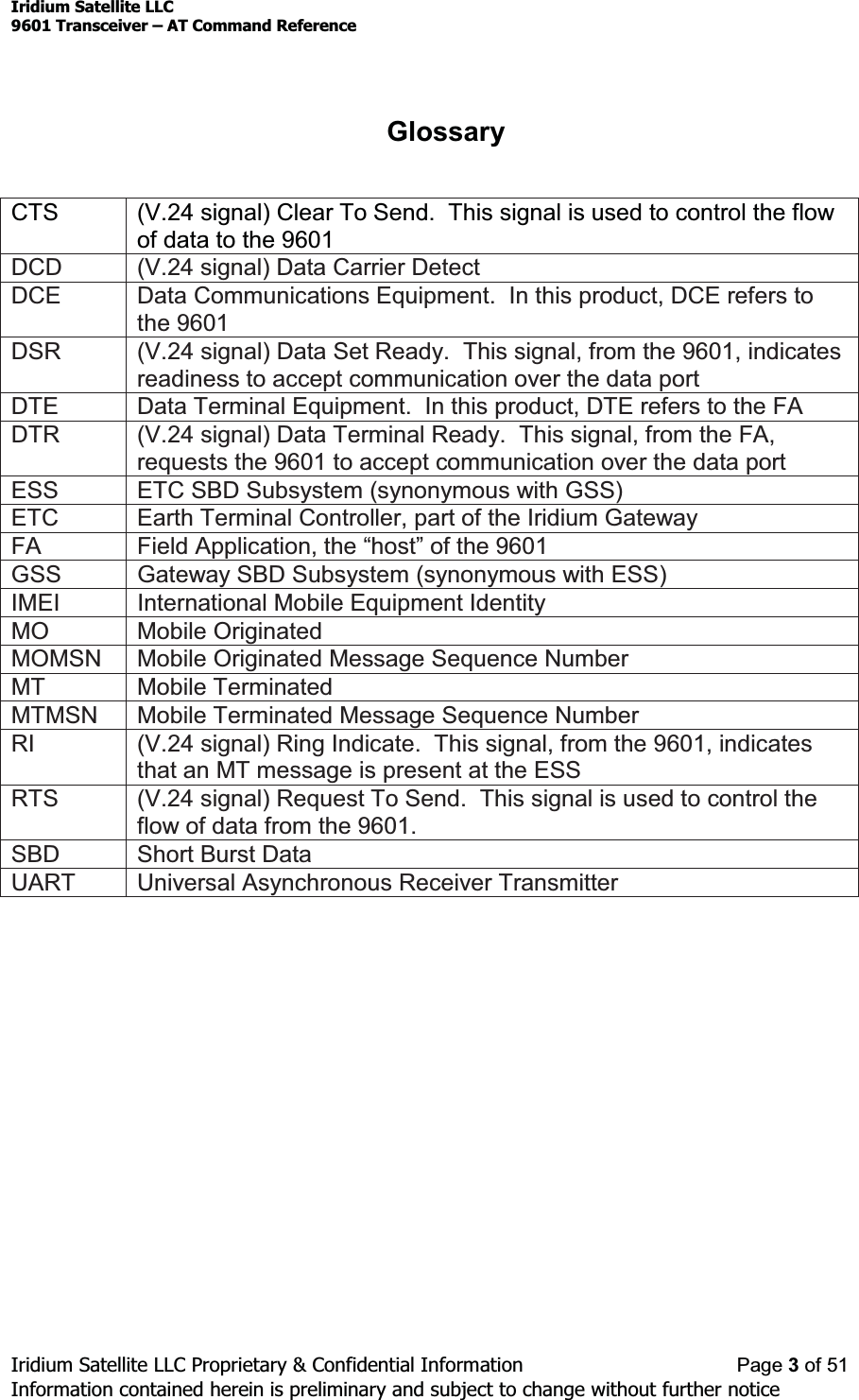 Iridium Satellite LLC9601 Transceiver ± AT Command ReferenceIridium Satellite LLC Proprietary &amp; Confidential Information Page 3of 51Information contained herein is preliminary and subject to change without further noticeGlossaryCTS (V.24 signal) Clear To Send. This signal is used to control the flowof data to the 9601DCD (V.24 signal) Data Carrier DetectDCE Data Communications Equipment. In this product, DCE refers tothe 9601DSR (V.24 signal) Data Set Ready. This signal, from the 9601, indicatesreadiness to accept communication over the data portDTE Data Terminal Equipment. In this product, DTE refers to the FADTR (V.24 signal) Data Terminal Ready. This signal, from the FA,requests the 9601 to accept communication over the data portESS ETC SBD Subsystem (synonymous with GSS)ETC Earth Terminal Controller, part of the Iridium GatewayFA )LHOG$SSOLFDWLRQWKH³KRVW´RIWKH9601GSS Gateway SBD Subsystem (synonymous with ESS)IMEI International Mobile Equipment IdentityMO Mobile OriginatedMOMSN Mobile Originated Message Sequence NumberMT Mobile TerminatedMTMSN Mobile Terminated Message Sequence NumberRI (V.24 signal) Ring Indicate. This signal, from the 9601, indicatesthat an MT message is present at the ESSRTS (V.24 signal) Request To Send. This signal is used to control theflow of data from the 9601.SBD Short Burst DataUART Universal Asynchronous Receiver Transmitter