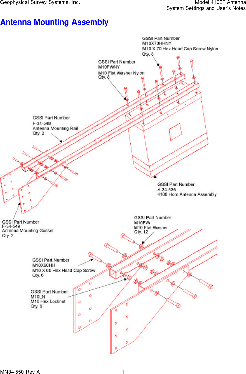 Geophysical Survey Systems, Inc.    Model 4108F Antenna     System Settings and User’s Notes MN34-550 Rev A   1 Antenna Mounting Assembly 