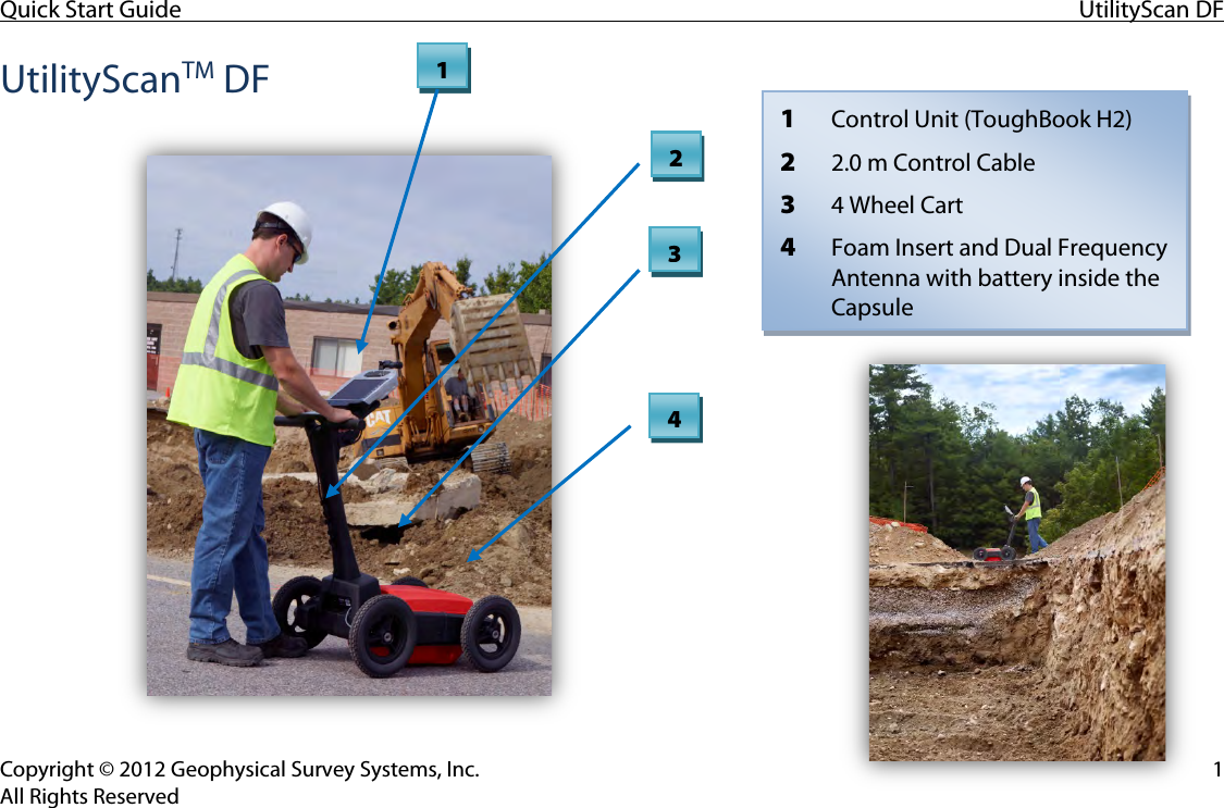 Quick Start Guide UtilityScan DF  Copyright © 2012 Geophysical Survey Systems, Inc.  1 All Rights Reserved UtilityScanTM DF         3 2 1 1Control Unit (ToughBook H2) 22.0 m Control Cable 34 Wheel Cart 4Foam Insert and Dual Frequency Antenna with battery inside the Capsule 4 