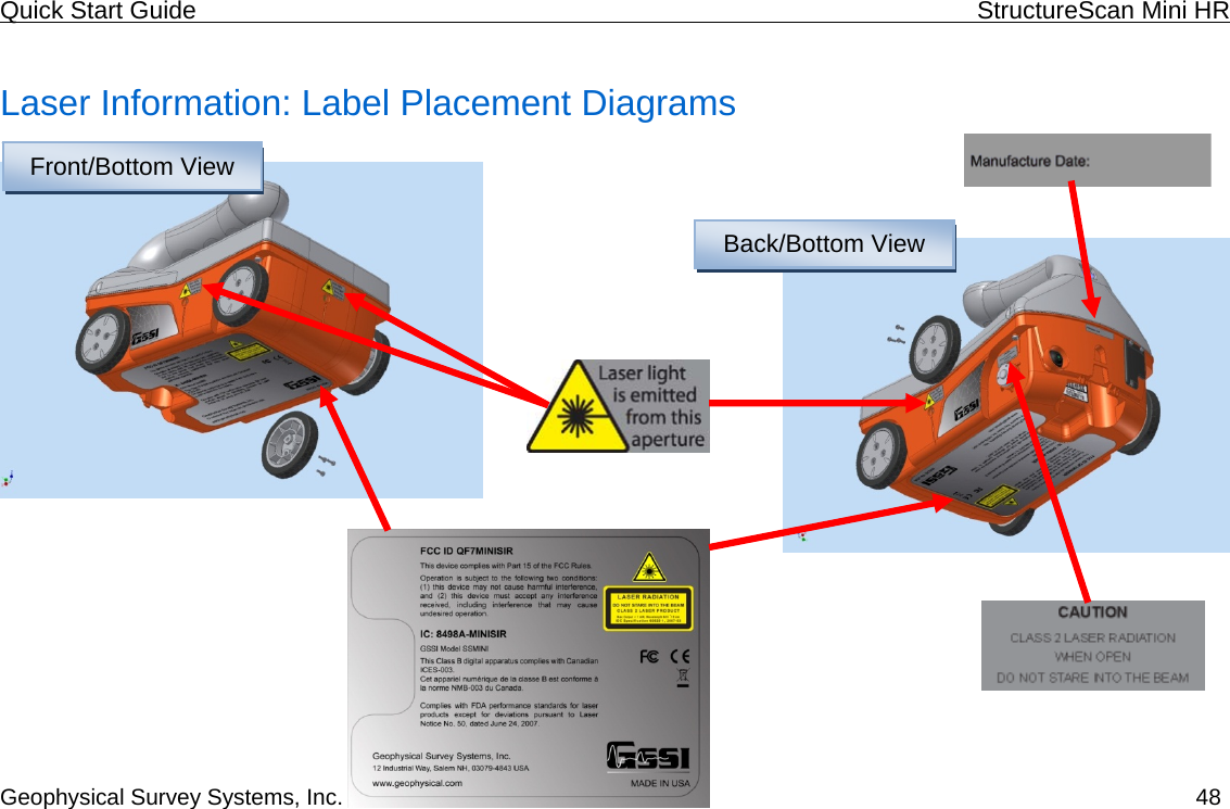 Quick Start Guide    StructureScan Mini HR  Geophysical Survey Systems, Inc. 48 Laser Information: Label Placement Diagrams   Front/Bottom View Back/Bottom View 