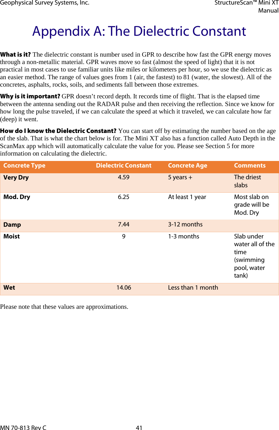 Geophysical Survey Systems, Inc. StructureScan™ Mini XT  Manual  MN 70-813 Rev C 41 Appendix A: The Dielectric Constant What is it? The dielectric constant is number used in GPR to describe how fast the GPR energy moves through a non-metallic material. GPR waves move so fast (almost the speed of light) that it is not practical in most cases to use familiar units like miles or kilometers per hour, so we use the dielectric as an easier method. The range of values goes from 1 (air, the fastest) to 81 (water, the slowest). All of the concretes, asphalts, rocks, soils, and sediments fall between those extremes. Why is it important? GPR doesn’t record depth. It records time of flight. That is the elapsed time between the antenna sending out the RADAR pulse and then receiving the reflection. Since we know for how long the pulse traveled, if we can calculate the speed at which it traveled, we can calculate how far (deep) it went. How do I know the Dielectric Constant? You can start off by estimating the number based on the age of the slab. That is what the chart below is for. The Mini XT also has a function called Auto Depth in the ScanMax app which will automatically calculate the value for you. Please see Section 5 for more information on calculating the dielectric.  Concrete Type Dielectric Constant Concrete Age Comments Very Dry 4.59 5 years + The driest slabs Mod. Dry 6.25 At least 1 year Most slab on grade will be Mod. Dry Damp 7.44 3-12 months  Moist 9 1-3 months Slab under water all of the time (swimming pool, water tank) Wet 14.06 Less than 1 month   Please note that these values are approximations.   