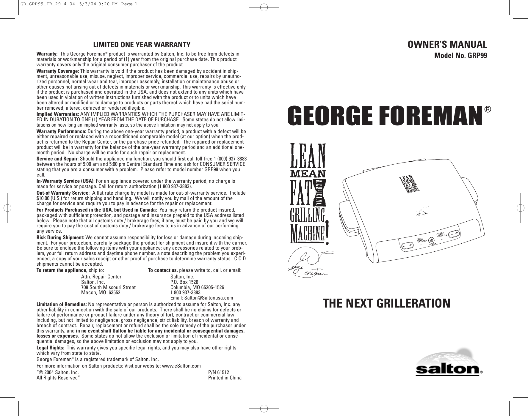 George Foreman Grp99 Users Manual Gr Grp99 Ib 29 4 04