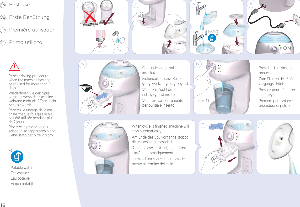 16First use Erste Benützung Première utilisation Primo utilizzoEN DE FR ITRepeat rinsing procedure when the machine has not been used for more than 2 days.Wiederholen Sie den Spül-vorgang, wenn die Maschine während mehr als 2 Tage nicht benützt wurde.Répétez le rinçage de la ma-chine chaque fois qu‘elle n‘a pas été utilisée pendant plus de 2 jours.Ripetere la procedura di ri-sciacquo se l‘apparecchio non viene usato per oltre 2 giorni.Potable waterTrinkwasserEau potableAcqua potabile*) When cycle is ﬁnished, machine will stop automatically.Am Ende des Spülvorgangs stoppt die Maschine automatisch.Quand le cycle est ﬁni, la machine s‘arrête automatiquement.La macchina si arresta automatica-mente al termine del ciclo.761 2 45min. 1 L8 9Check cleaning tool is inserted.Sicherstellen, dass Reini-gungswerkzeug eingelegt ist.Vériﬁez si l‘outil de  nettoyage est inséré.Veriﬁcare se lo strumento per pulizia è inserito.Press to start rinsing process.Zum Starten des Spül-vorgangs drücken.Pressez pour démarrer le rinçage.Premere per avviare la procedura di pulizia.315-25°C * ON