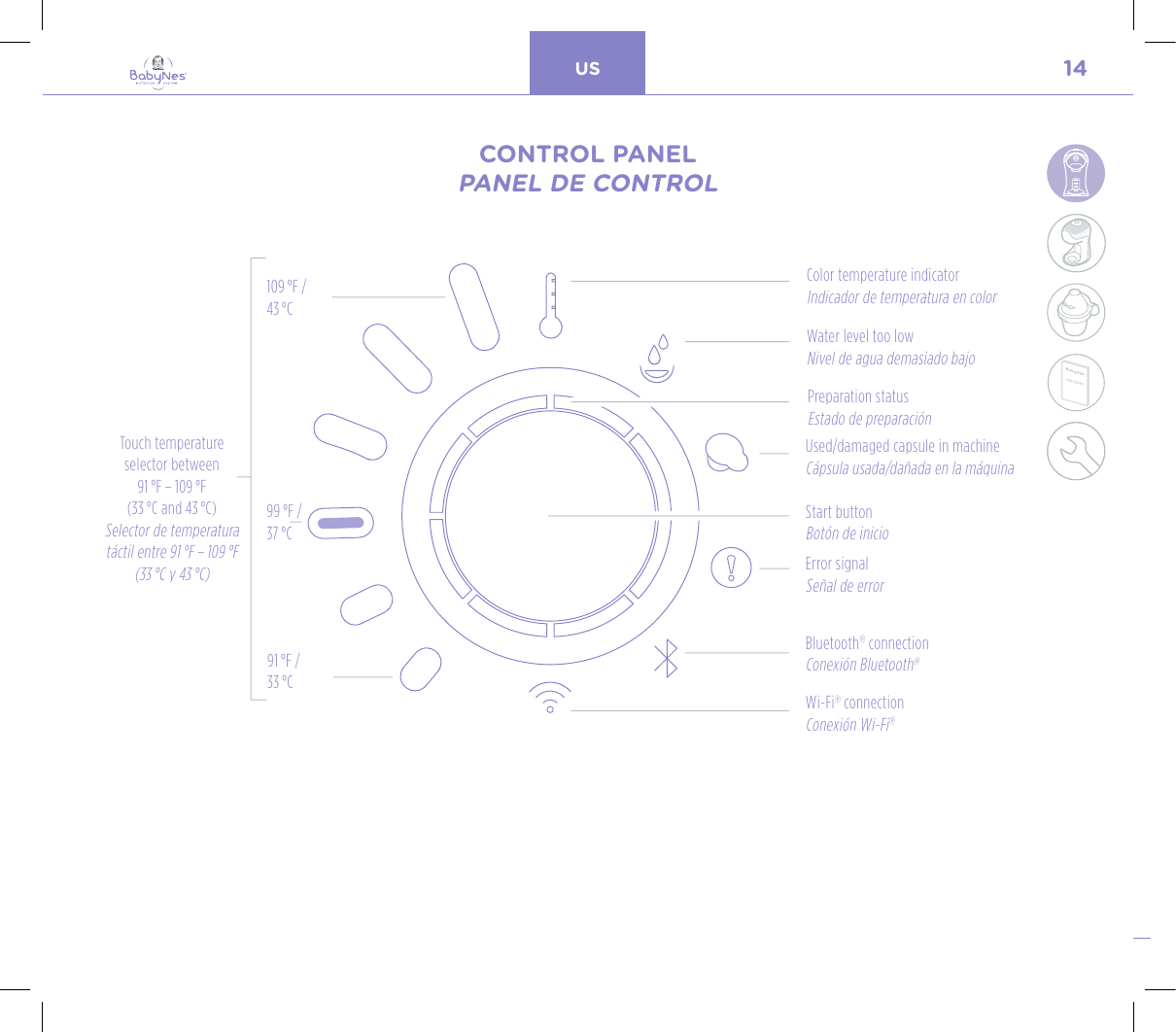 14US24, rue Salomon de Rothschild - 92288 Suresnes - FRANCETél. : +33 (0)1 57 32 87 00 / Fax : +33 (0)1 57 32 87 87Web : www.carrenoir.comNESTLÉ - GERBER BABYNESNES_17_11061_Logo_Gerber_Babynes_Pantone+CMKR6 - 12/10/2017 - Livré le 13/ 11/2017PANTONESCe fichier est un document d’exécution créé sur Illustrator version CS6.CYAN BLACKMAGENTAPANTONE2189 CBABY + Gerber®PANTONE271 C3 COLOURS PROCESSBABYNESMAGENTA 24%BLACK 85%CYAN 94%FIRST USE AND RINSING THE MACHINEPRIMERA PUESTA EN FUNCIONAMIENTO Y ENJUAGUE DE LA MÁQUINATouch temperature  selector between  91 °F – 109 °F  (33 °C and 43 °C)Selector de temperatura táctil entre 91 °F – 109 °F (33 °C y 43 °C)Color temperature indicatorIndicador de temperatura en colorWater level too lowNivel de agua demasiado bajoPreparation statusEstado de preparaciónUsed/damaged capsule in machineCápsula usada/dañada en la máquinaStart buttonBotón de inicioError signalSeñal de errorBluetooth® connectionConexión Bluetooth®Wi-Fi® connectionConexión Wi-Fi®91 °F /  33 °C99 °F / 37 °C109 °F /  43 °C CONTROL PANELPANEL DE CONTROL