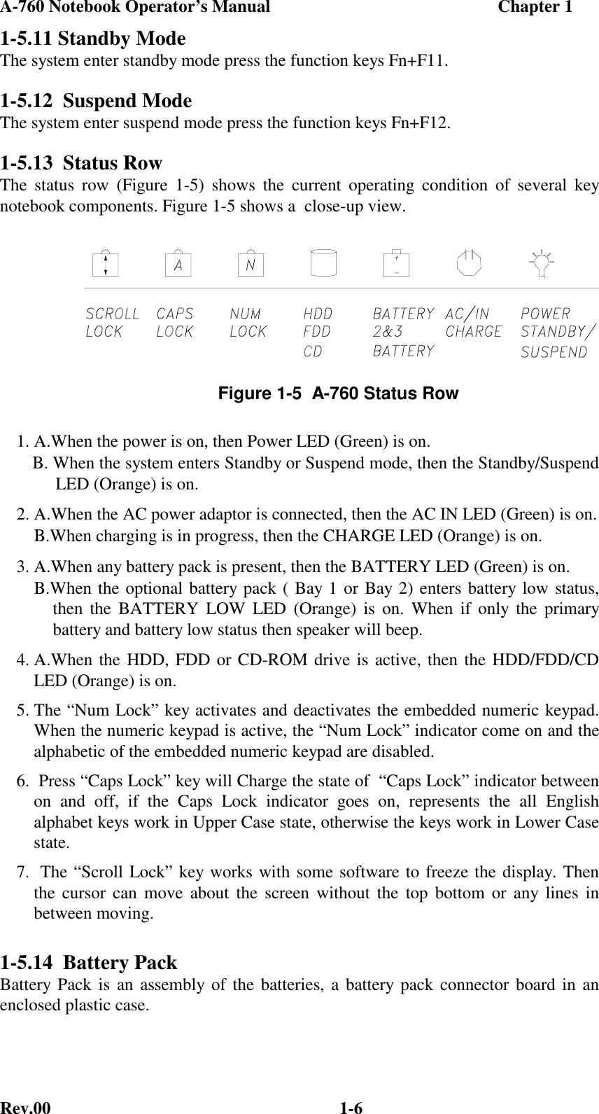 A-760 Notebook Operator’s Manual                                                    Chapter 1Rev.00 1-61-5.11 Standby ModeThe system enter standby mode press the function keys Fn+F11.1-5.12  Suspend ModeThe system enter suspend mode press the function keys Fn+F12.1-5.13  Status RowThe status row (Figure 1-5) shows the current operating condition of several keynotebook components. Figure 1-5 shows a  close-up view.1. Α.When the power is on, then Power LED (Green) is on.   Β. When the system enters Standby or Suspend mode, then the Standby/Suspend     LED (Orange) is on.2. Α.When the AC power adaptor is connected, then the AC IN LED (Green) is on.    Β.When charging is in progress, then the CHARGE LED (Orange) is on.3. Α.When any battery pack is present, then the BATTERY LED (Green) is on.    Β.When the optional battery pack ( Bay 1 or Bay 2) enters battery low status,     then the BATTERY LOW LED (Orange) is on. When if only the primary     battery and battery low status then speaker will beep.4. Α.When the HDD, FDD or CD-ROM drive is active, then the HDD/FDD/CDLED (Orange) is on.5. The “Num Lock” key activates and deactivates the embedded numeric keypad.When the numeric keypad is active, the “Num Lock” indicator come on and thealphabetic of the embedded numeric keypad are disabled.6.  Press “Caps Lock” key will Charge the state of  “Caps Lock” indicator betweenon and off, if the Caps Lock indicator goes on, represents the all Englishalphabet keys work in Upper Case state, otherwise the keys work in Lower Casestate.7.  The “Scroll Lock” key works with some software to freeze the display. Thenthe cursor can move about the screen without the top bottom or any lines inbetween moving.1-5.14  Battery PackBattery Pack is an assembly of the batteries, a battery pack connector board in anenclosed plastic case.Figure 1-5  A-760 Status Row