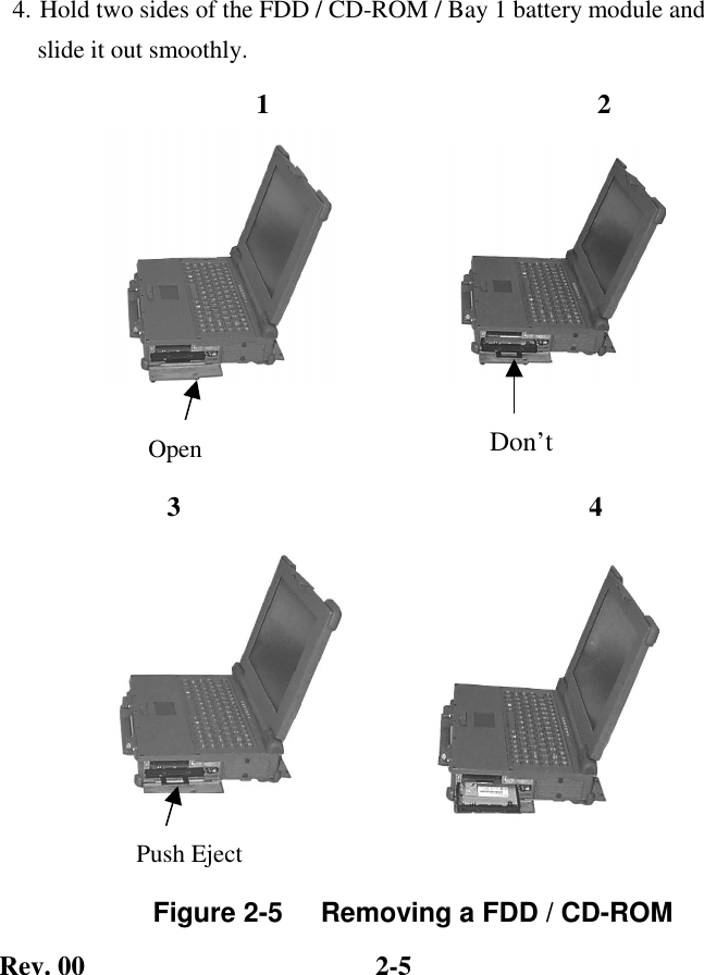 Rev. 00  2-5 4. Hold two sides of the FDD / CD-ROM / Bay 1 battery module and     slide it out smoothly.    Figure 2-5     Removing a FDD / CD-ROM 4 1 3 Open 2 Don’t Push Eject 3 