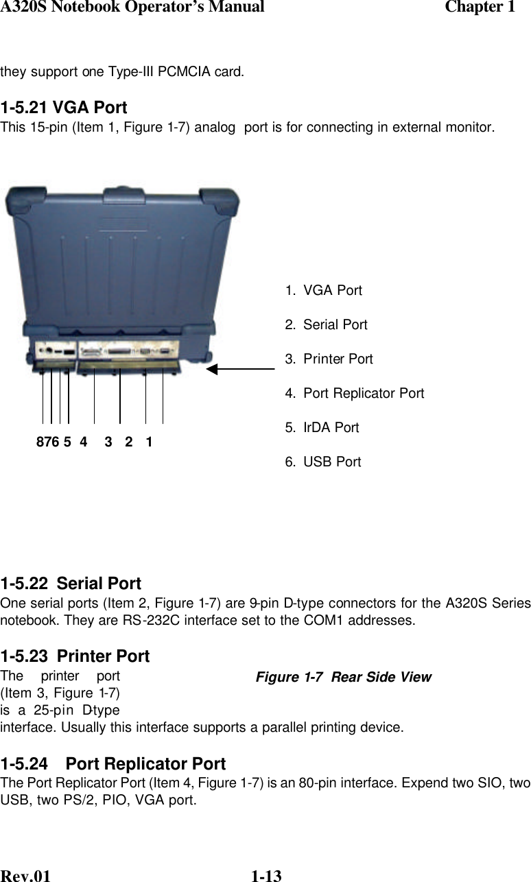 A320S Notebook Operator’s Manual                                          Chapter 1 Rev.01  1-13 they support one Type-III PCMCIA card. 1-5.21 VGA Port This 15-pin (Item 1, Figure 1-7) analog  port is for connecting in external monitor.                        1-5.22  Serial Port One serial ports (Item 2, Figure 1-7) are 9-pin D-type connectors for the A320S Series notebook. They are RS-232C interface set to the COM1 addresses. 1-5.23  Printer Port The printer port (Item 3, Figure 1-7) is a 25-pin D-type interface. Usually this interface supports a parallel printing device. 1-5.24 Port Replicator Port The Port Replicator Port (Item 4, Figure 1-7) is an 80-pin interface. Expend two SIO, two USB, two PS/2, PIO, VGA port.  Figure 1-7  Rear Side View 1. VGA Port 2. Serial Port 3. Printer Port 4. Port Replicator Port 5. IrDA Port 6. USB Port       876 5  4    3   2   1 