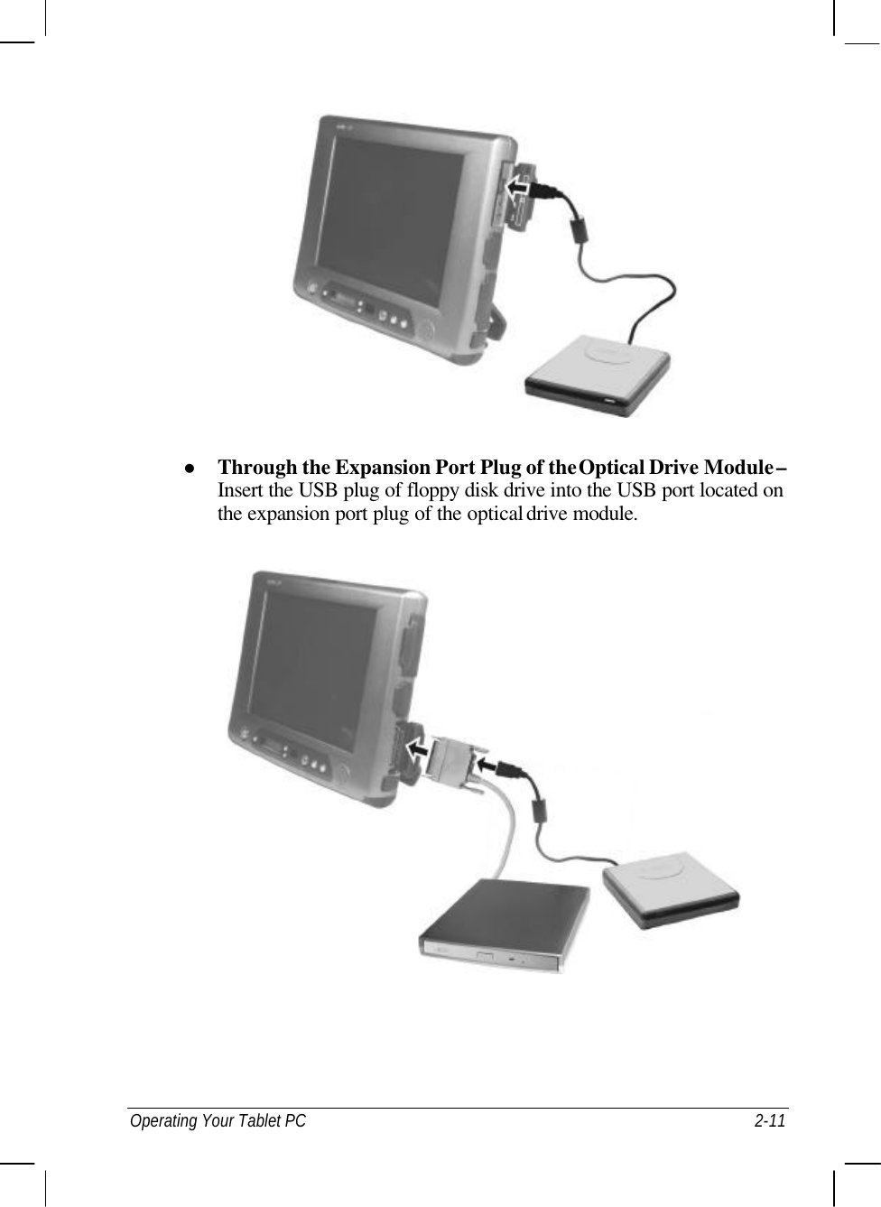  Operating Your Tablet PC 2-11  l Through the Expansion Port Plug of the Optical Drive Module – Insert the USB plug of floppy disk drive into the USB port located on the expansion port plug of the optical drive module.  