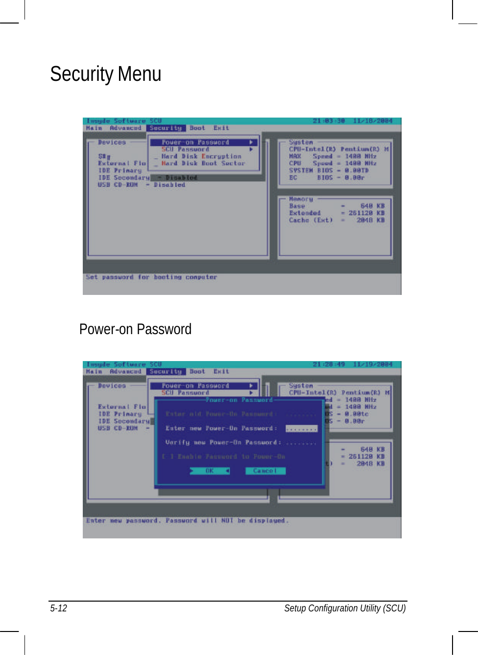  5-12 Setup Configuration Utility (SCU) Security Menu  Power-on Password   