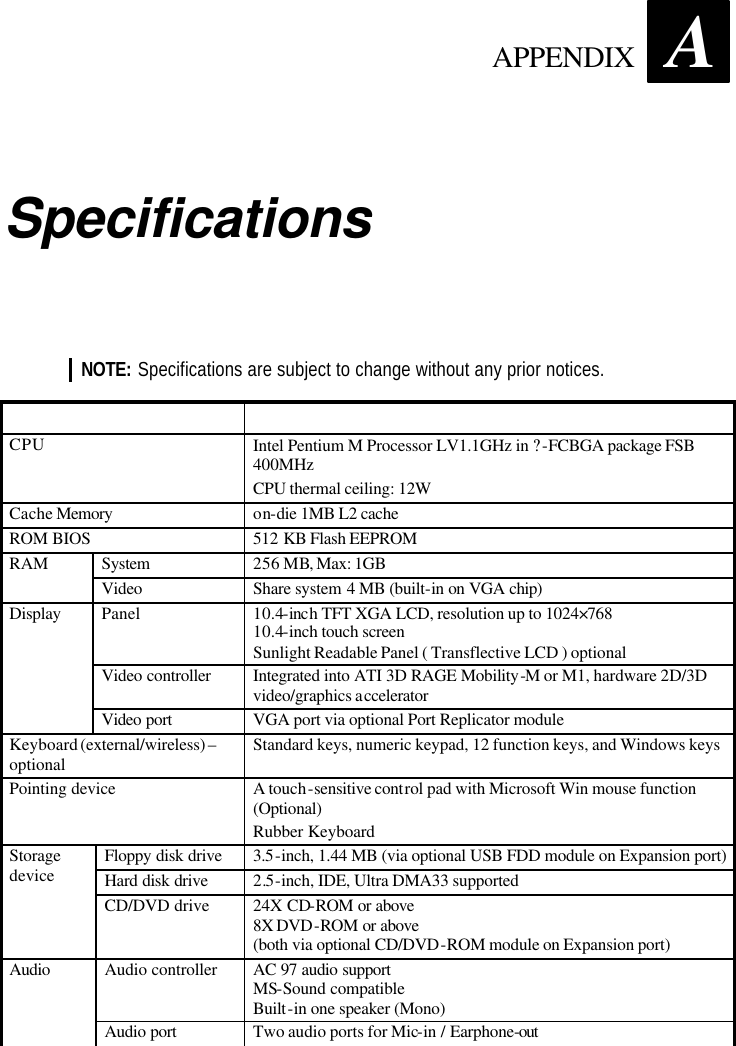  APPENDIX A Specifications  NOTE: Specifications are subject to change without any prior notices.  Parts  Specifications  CPU Intel Pentium M Processor LV1.1GHz in ?-FCBGA package FSB 400MHz CPU thermal ceiling: 12W Cache Memory on-die 1MB L2 cache  ROM BIOS 512 KB Flash EEPROM System 256 MB, Max: 1GB RAM Video Share system 4 MB (built-in on VGA chip) Panel 10.4-inch TFT XGA LCD, resolution up to 1024×768 10.4-inch touch screen Sunlight Readable Panel ( Transflective LCD ) optional Video controller Integrated into ATI 3D RAGE Mobility-M or M1, hardware 2D/3D video/graphics accelerator Display Video port  VGA port via optional Port Replicator module Keyboard (external/wireless) – optional Standard keys, numeric keypad, 12 function keys, and Windows keys Pointing device A touch-sensitive control pad with Microsoft Win mouse function (Optional) Rubber Keyboard Floppy disk drive 3.5-inch, 1.44 MB (via optional USB FDD module on Expansion port) Hard disk drive 2.5-inch, IDE, Ultra DMA33 supported Storage device CD/DVD drive 24X CD-ROM or above 8X DVD-ROM or above (both via optional CD/DVD-ROM module on Expansion port) Audio controller AC 97 audio support  MS-Sound compatible Built-in one speaker (Mono) Audio Audio port  Two audio ports for Mic-in / Earphone-out  