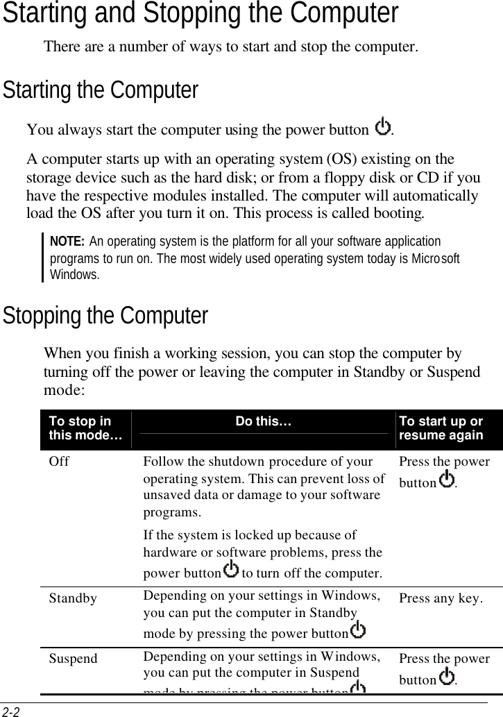 2-2   Starting and Stopping the Computer There are a number of ways to start and stop the computer. Starting the Computer You always start the computer using the power button  . A computer starts up with an operating system (OS) existing on the storage device such as the hard disk; or from a floppy disk or CD if you have the respective modules installed. The computer will automatically load the OS after you turn it on. This process is called booting. NOTE: An operating system is the platform for all your software application programs to run on. The most widely used operating system today is Microsoft Windows. Stopping the Computer When you finish a working session, you can stop the computer by turning off the power or leaving the computer in Standby or Suspend mode: To stop in this mode… Do this…  To start up or resume again Off Follow the shutdown procedure of your operating system. This can prevent loss of unsaved data or damage to your software programs. If the system is locked up because of hardware or software problems, press the power button   to turn off the computer. Press the power button  . Standby Depending on your settings in Windows, you can put the computer in Standby mode by pressing the power button   Press any key. Suspend Depending on your settings in Windows, you can put the computer in Suspend mode by pressing the power button  Press the power button  . 