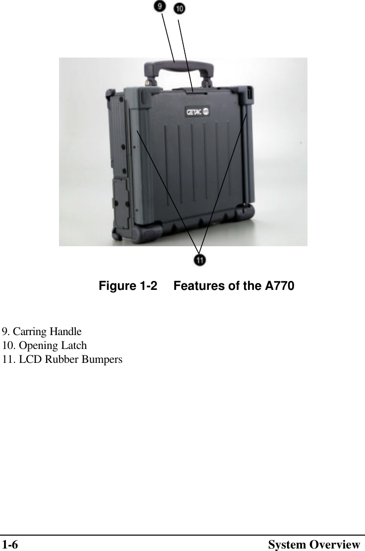 1-6  System Overview  9. Carring Handle 10. Opening Latch 11. LCD Rubber Bumpers       Figure 1-2     Features of the A770  