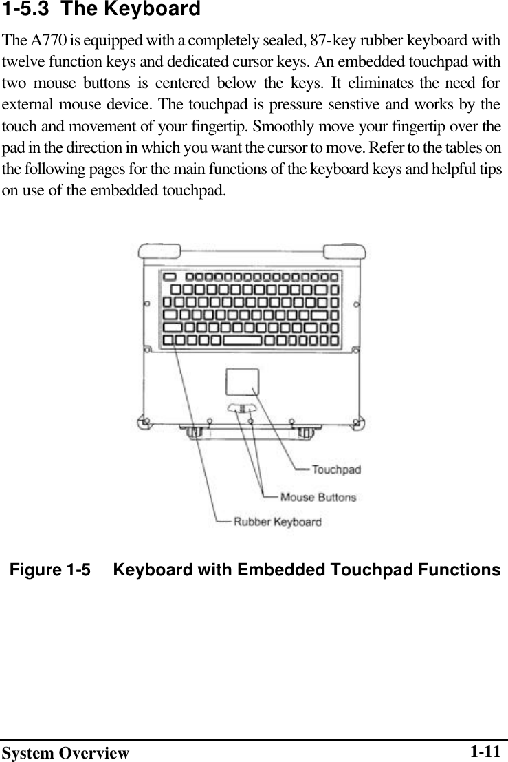 System Overview    1-111-5.3  The Keyboard The A770 is equipped with a completely sealed, 87-key rubber keyboard with twelve function keys and dedicated cursor keys. An embedded touchpad with two mouse buttons is centered below the keys. It eliminates the need for external mouse device. The touchpad is pressure senstive and works by the touch and movement of your fingertip. Smoothly move your fingertip over the pad in the direction in which you want the cursor to move. Refer to the tables on the following pages for the main functions of the keyboard keys and helpful tips on use of the embedded touchpad.        Figure 1-5     Keyboard with Embedded Touchpad Functions  