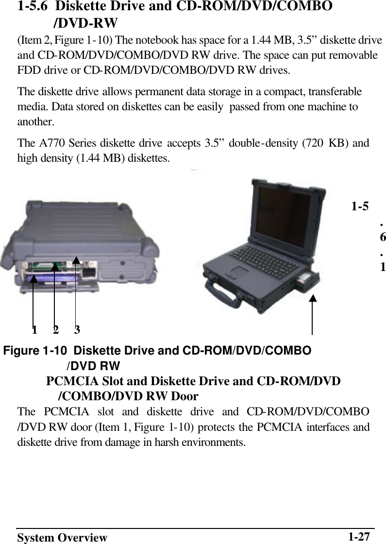 System Overview    1-271-5.6  Diskette Drive and CD-ROM/DVD/COMBO   /DVD-RW (Item 2, Figure 1-10) The notebook has space for a 1.44 MB, 3.5” diskette drive and CD-ROM/DVD/COMBO/DVD RW drive. The space can put removable FDD drive or CD-ROM/DVD/COMBO/DVD RW drives. The diskette drive allows permanent data storage in a compact, transferable media. Data stored on diskettes can be easily  passed from one machine to another. The A770 Series diskette drive accepts 3.5” double-density (720 KB) and high density (1.44 MB) diskettes.  1-5.6.1  PCMCIA Slot and Diskette Drive and CD-ROM/DVD     /COMBO/DVD RW Door The PCMCIA slot and diskette drive and CD-ROM/DVD/COMBO /DVD RW door (Item 1, Figure 1-10) protects the PCMCIA interfaces and diskette drive from damage in harsh environments.    Figure 1-10  Diskette Drive and CD-ROM/DVD/COMBO                      /DVD RW    1     2     3 