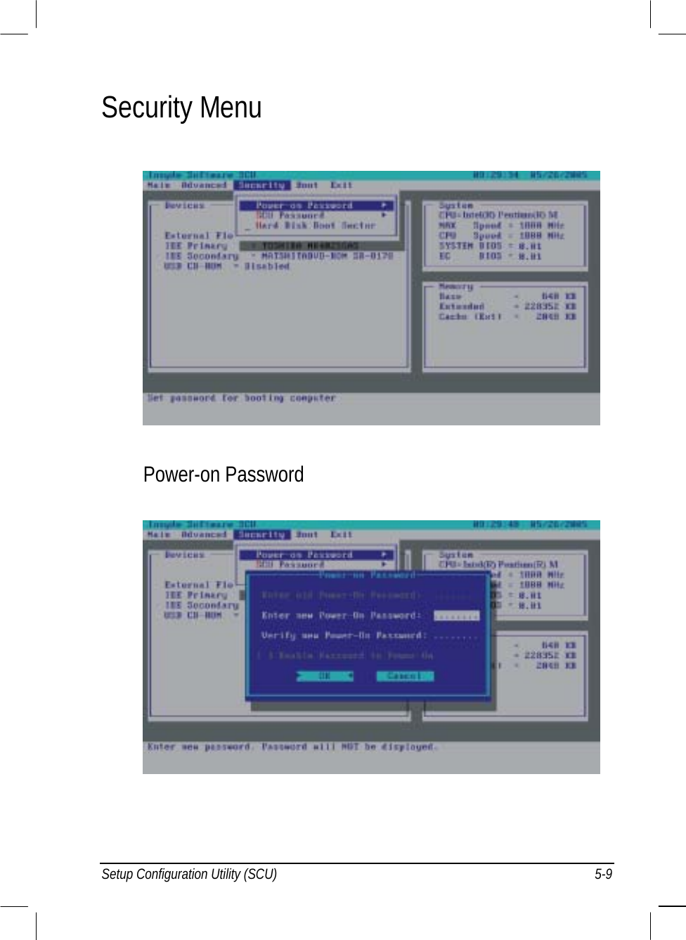  Setup Configuration Utility (SCU)  5-9 Security Menu  Power-on Password   