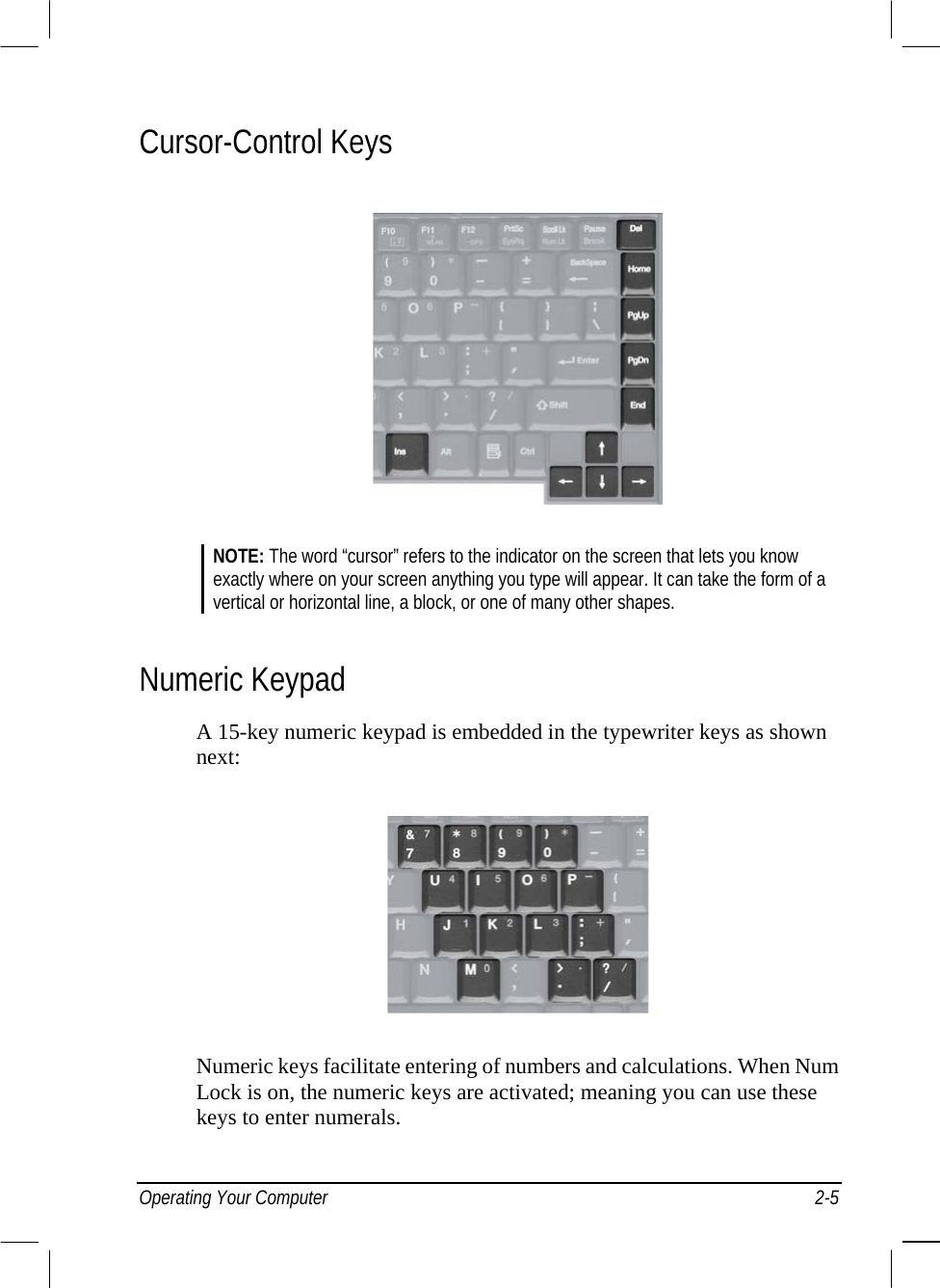  Cursor-Control Keys  NOTE: The word “cursor” refers to the indicator on the screen that lets you know exactly where on your screen anything you type will appear. It can take the form of a vertical or horizontal line, a block, or one of many other shapes.  Numeric Keypad A 15-key numeric keypad is embedded in the typewriter keys as shown next:  Numeric keys facilitate entering of numbers and calculations. When Num Lock is on, the numeric keys are activated; meaning you can use these keys to enter numerals. Operating Your Computer  2-5 