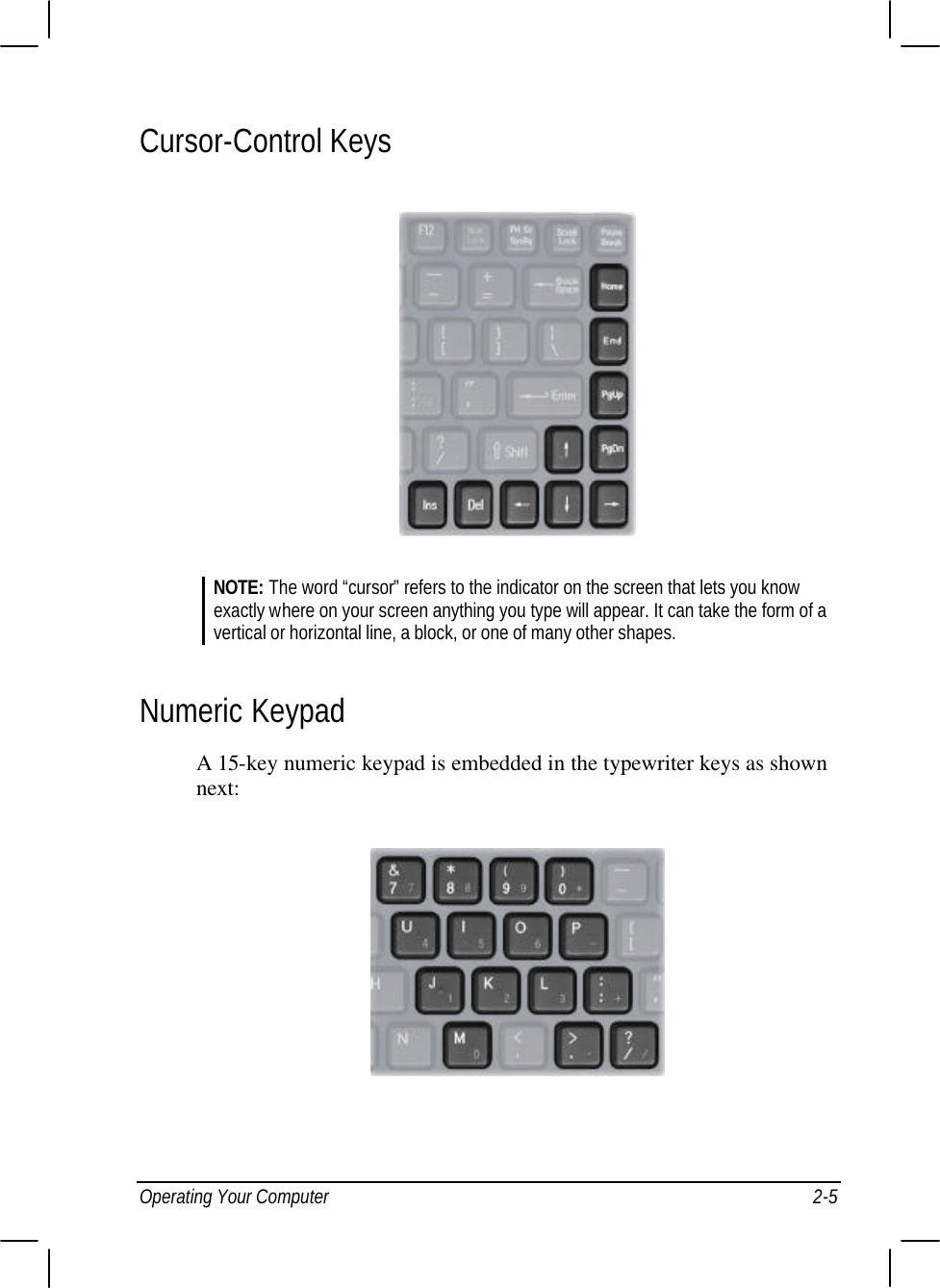  Operating Your Computer 2-5 Cursor-Control Keys  NOTE: The word “cursor” refers to the indicator on the screen that lets you know exactly where on your screen anything you type will appear. It can take the form of a vertical or horizontal line, a block, or one of many other shapes.  Numeric Keypad A 15-key numeric keypad is embedded in the typewriter keys as shown next:  