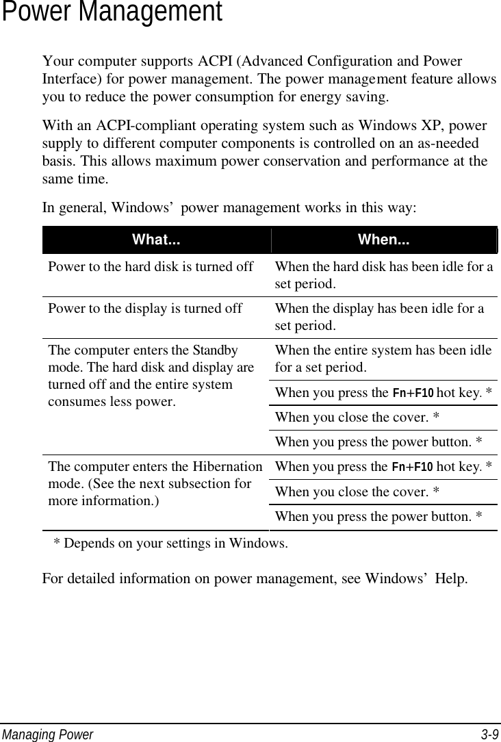  Managing Power 3-9 Power Management Your computer supports ACPI (Advanced Configuration and Power Interface) for power management. The power management feature allows you to reduce the power consumption for energy saving. With an ACPI-compliant operating system such as Windows XP, power supply to different computer components is controlled on an as-needed basis. This allows maximum power conservation and performance at the same time. In general, Windows’ power management works in this way: What... When... Power to the hard disk is turned off When the hard disk has been idle for a set period. Power to the display is turned off When the display has been idle for a set period. When the entire system has been idle for a set period. When you press the Fn+F10 hot key. * When you close the cover. * The computer enters the Standby mode. The hard disk and display are turned off and the entire system consumes less power. When you press the power button. * When you press the Fn+F10 hot key. * When you close the cover. * The computer enters the Hibernation mode. (See the next subsection for more information.) When you press the power button. *     * Depends on your settings in Windows.  For detailed information on power management, see Windows’ Help.  