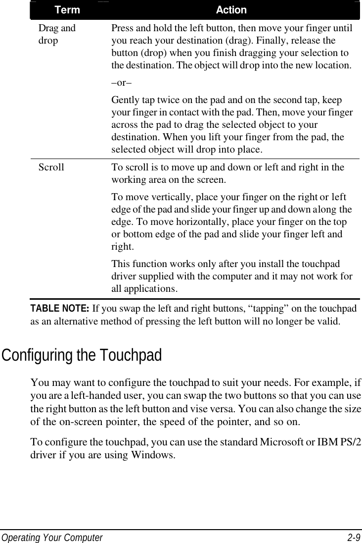  Operating Your Computer 2-9 Term Action Drag and drop Press and hold the left button, then move your finger until you reach your destination (drag). Finally, release the button (drop) when you finish dragging your selection to the destination. The object will drop into the new location. –or– Gently tap twice on the pad and on the second tap, keep your finger in contact with the pad. Then, move your finger across the pad to drag the selected object to your destination. When you lift your finger from the pad, the selected object will drop into place. Scroll To scroll is to move up and down or left and right in the working area on the screen. To move vertically, place your finger on the right or left edge of the pad and slide your finger up and down along the edge. To move horizontally, place your finger on the top or bottom edge of the pad and slide your finger left and right. This function works only after you install the touchpad driver supplied with the computer and it may not work for all applications. TABLE NOTE: If you swap the left and right buttons, “tapping” on the touchpad as an alternative method of pressing the left button will no longer be valid. Configuring the Touchpad You may want to configure the touchpad to suit your needs. For example, if you are a left-handed user, you can swap the two buttons so that you can use the right button as the left button and vise versa. You can also change the size of the on-screen pointer, the speed of the pointer, and so on. To configure the touchpad, you can use the standard Microsoft or IBM PS/2 driver if you are using Windows. 