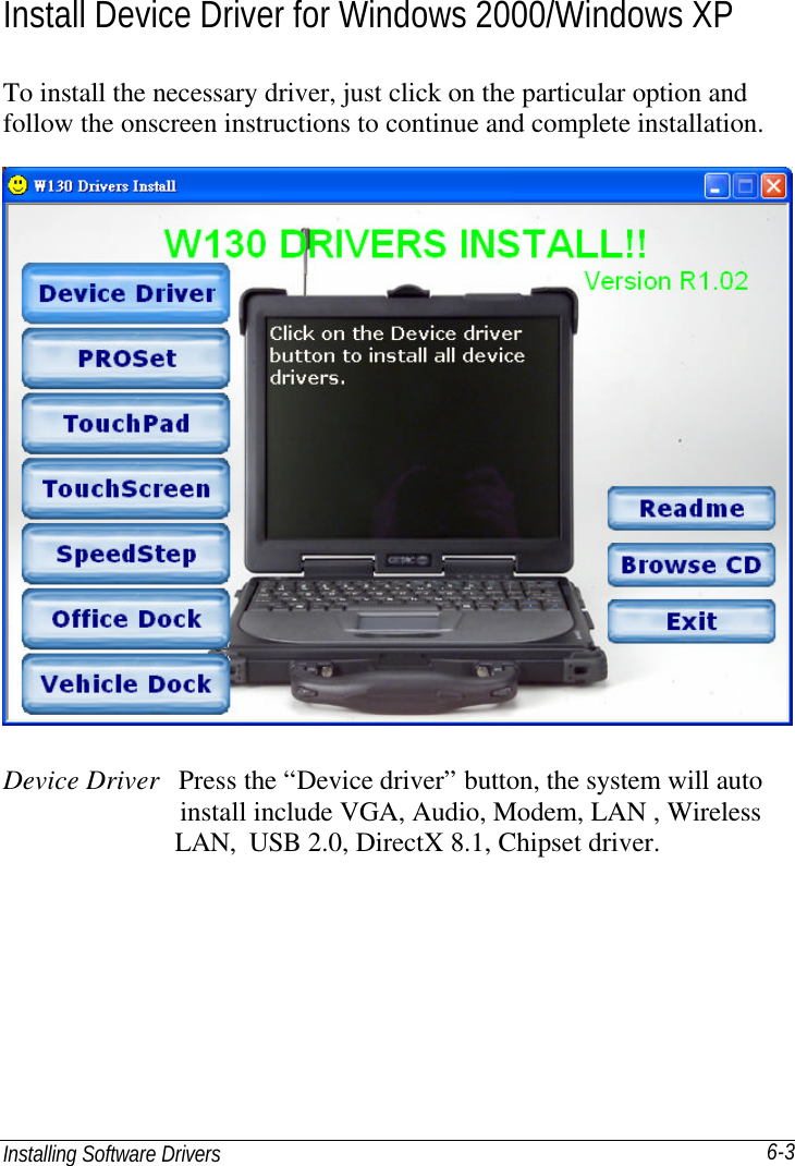 Installing Software Drivers       6-3 Install Device Driver for Windows 2000/Windows XP To install the necessary driver, just click on the particular option and follow the onscreen instructions to continue and complete installation.                     Device Driver  Press the “Device driver” button, the system will auto              install include VGA, Audio, Modem, LAN , Wireless              LAN, USB 2.0, DirectX 8.1, Chipset driver.     