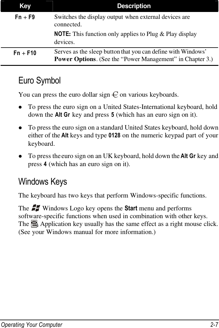  Operating Your Computer 2-7 Key Description Fn + F9 Switches the display output when external devices are connected. NOTE: This function only applies to Plug &amp; Play display devices. Fn + F10 Serves as the sleep button that you can define with Windows’ Power Options. (See the “Power Management” in Chapter 3.)  Euro Symbol You can press the euro dollar sign   on various keyboards. l To press the euro sign on a United States-International keyboard, hold down the Alt Gr key and press 5 (which has an euro sign on it). l To press the euro sign on a standard United States keyboard, hold down either of the Alt keys and type 0128 on the numeric keypad part of your keyboard. l To press the euro sign on an UK keyboard, hold down the Alt Gr key and press 4 (which has an euro sign on it). Windows Keys The keyboard has two keys that perform Windows-specific functions. The   Windows Logo key opens the Start menu and performs software-specific functions when used in combination with other keys. The   Application key usually has the same effect as a right mouse click. (See your Windows manual for more information.)   