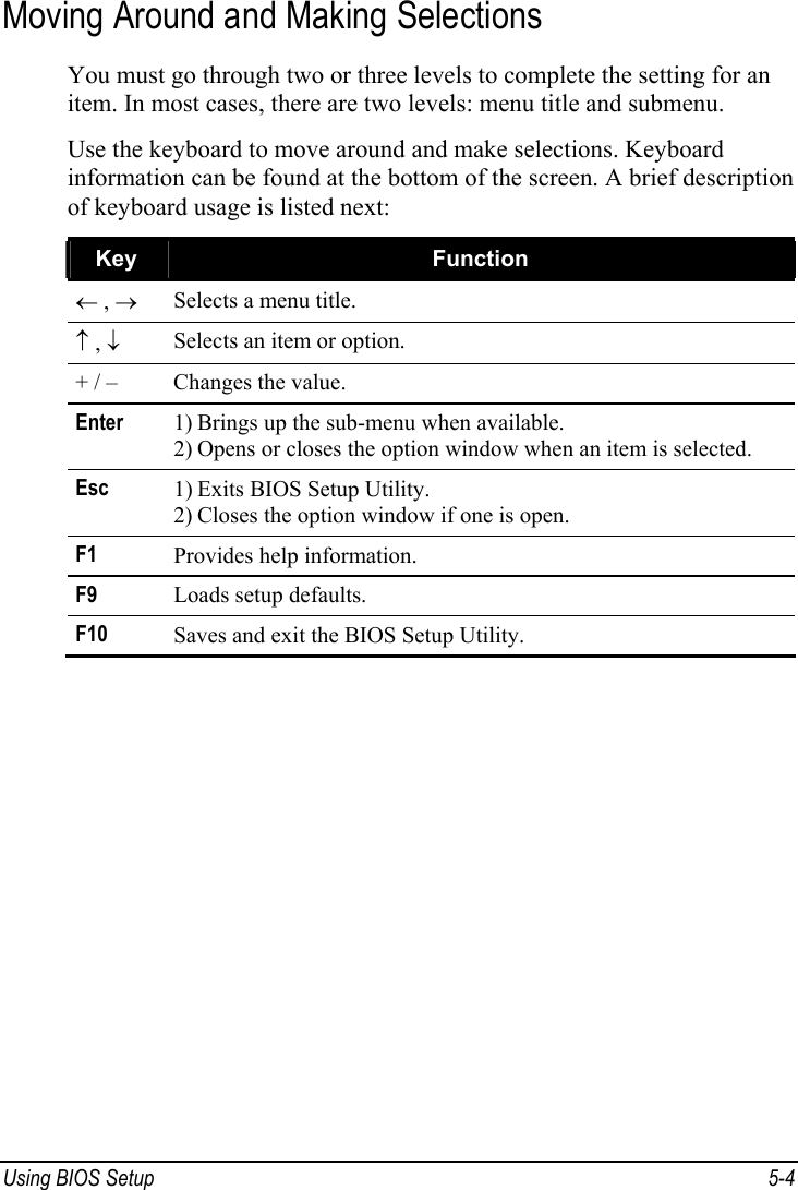  Using BIOS Setup  5-4 Moving Around and Making Selections You must go through two or three levels to complete the setting for an item. In most cases, there are two levels: menu title and submenu. Use the keyboard to move around and make selections. Keyboard information can be found at the bottom of the screen. A brief description of keyboard usage is listed next: Key  Function ← , → Selects a menu title. ↑ , ↓ Selects an item or option. + / –  Changes the value. Enter 1) Brings up the sub-menu when available. 2) Opens or closes the option window when an item is selected. Esc  1) Exits BIOS Setup Utility. 2) Closes the option window if one is open. F1  Provides help information. F9  Loads setup defaults. F10  Saves and exit the BIOS Setup Utility.   