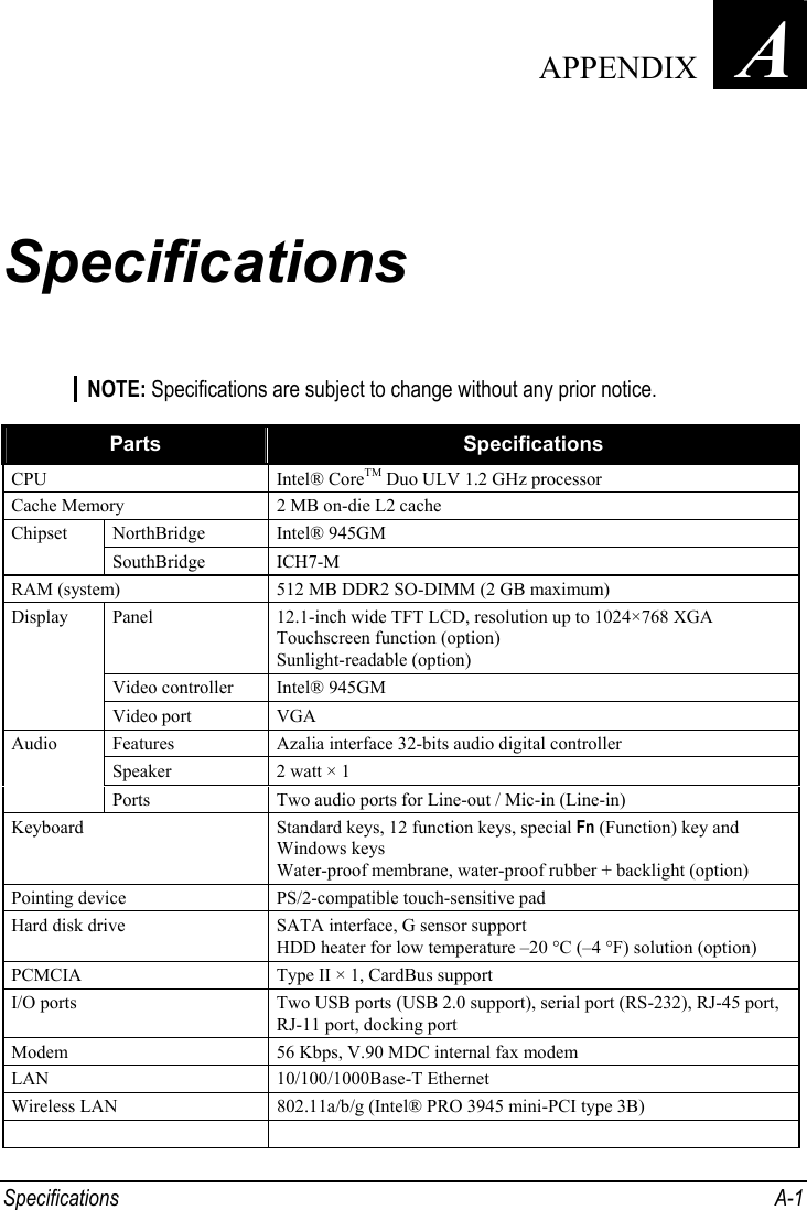  Specifications A-1 Appendix   A Specifications NOTE: Specifications are subject to change without any prior notice.  Parts  Specifications CPU Intel® CoreTM Duo ULV 1.2 GHz processor Cache Memory  2 MB on-die L2 cache NorthBridge Intel® 945GM Chipset SouthBridge ICH7-M RAM (system)  512 MB DDR2 SO-DIMM (2 GB maximum) Panel  12.1-inch wide TFT LCD, resolution up to 1024×768 XGA Touchscreen function (option) Sunlight-readable (option) Video controller  Intel® 945GM Display Video port  VGA Features  Azalia interface 32-bits audio digital controller Speaker  2 watt × 1 Audio Ports  Two audio ports for Line-out / Mic-in (Line-in) Keyboard Standard keys, 12 function keys, special Fn (Function) key and Windows keys Water-proof membrane, water-proof rubber + backlight (option) Pointing device  PS/2-compatible touch-sensitive pad Hard disk drive  SATA interface, G sensor support HDD heater for low temperature –20 °C (–4 °F) solution (option) PCMCIA  Type II × 1, CardBus support I/O ports  Two USB ports (USB 2.0 support), serial port (RS-232), RJ-45 port, RJ-11 port, docking port Modem  56 Kbps, V.90 MDC internal fax modem LAN 10/100/1000Base-T Ethernet Wireless LAN  802.11a/b/g (Intel® PRO 3945 mini-PCI type 3B)                            APPENDIX 