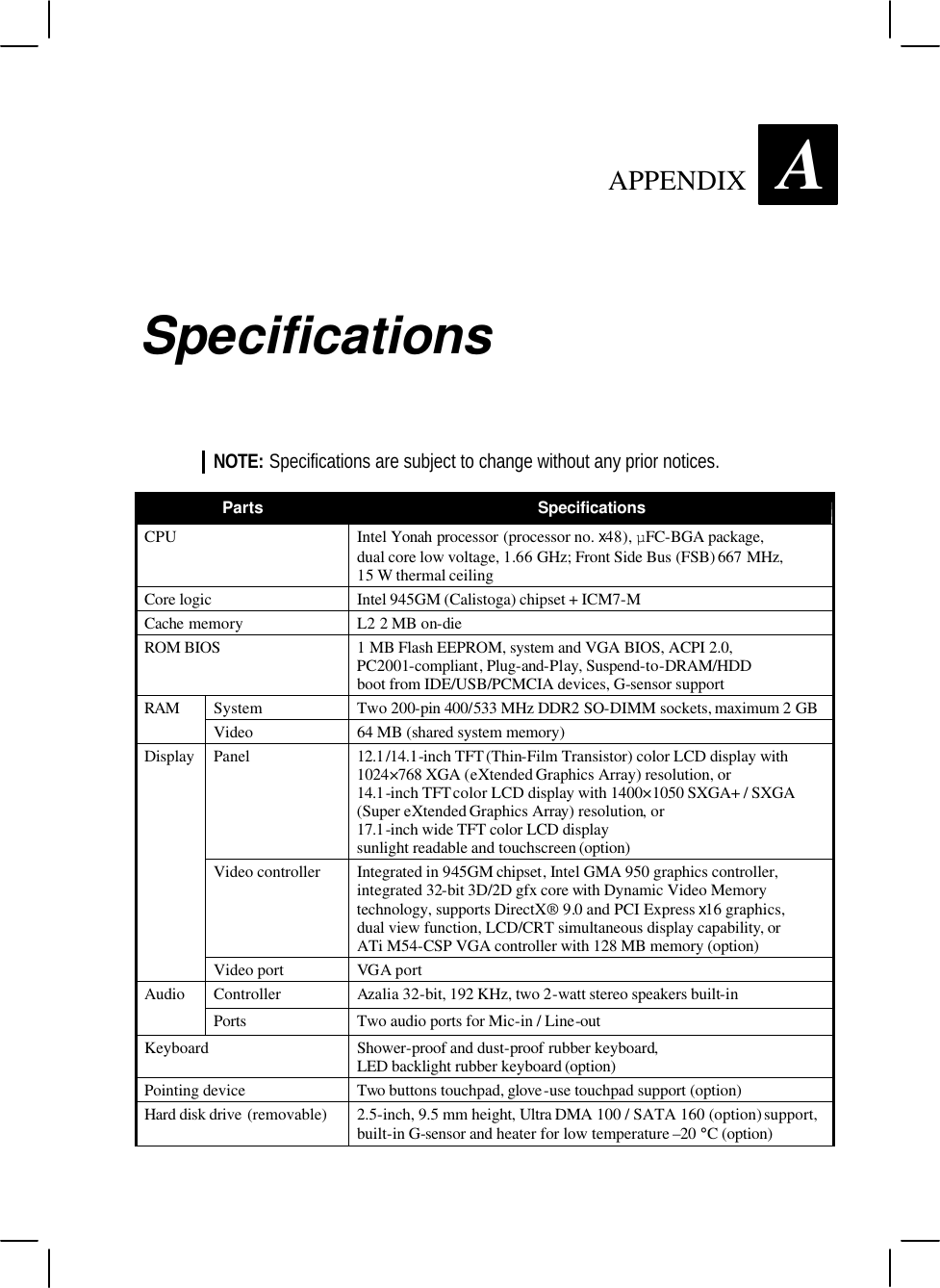   APPENDIX A Specifications NOTE: Specifications are subject to change without any prior notices.  Parts Specifications CPU Intel Yonah processor (processor no. x48), µFC-BGA package, dual core low voltage, 1.66 GHz; Front Side Bus (FSB) 667 MHz, 15 W thermal ceiling Core logic Intel 945GM (Calistoga) chipset + ICM7-M Cache memory L2 2 MB on-die ROM BIOS 1 MB Flash EEPROM, system and VGA BIOS, ACPI 2.0, PC2001-compliant, Plug-and-Play, Suspend-to-DRAM/HDD boot from IDE/USB/PCMCIA devices, G-sensor support System Two 200-pin 400/533 MHz DDR2 SO-DIMM sockets, maximum 2 GB RAM Video 64 MB (shared system memory) Panel 12.1/14.1-inch TFT (Thin-Film Transistor) color LCD display with 1024×768 XGA (eXtended Graphics Array) resolution, or 14.1-inch TFT color LCD display with 1400×1050 SXGA+ / SXGA (Super eXtended Graphics Array) resolution, or 17.1-inch wide TFT color LCD display sunlight readable and touchscreen (option) Video controller Integrated in 945GM chipset, Intel GMA 950 graphics controller, integrated 32-bit 3D/2D gfx core with Dynamic Video Memory technology, supports DirectX® 9.0 and PCI Express x16 graphics, dual view function, LCD/CRT simultaneous display capability, or ATi M54-CSP VGA controller with 128 MB memory (option) Display Video port VGA port Controller Azalia 32-bit, 192 KHz, two 2-watt stereo speakers built-in Audio Ports Two audio ports for Mic-in / Line-out Keyboard Shower-proof and dust-proof rubber keyboard, LED backlight rubber keyboard (option) Pointing device Two buttons touchpad, glove-use touchpad support (option) Hard disk drive (removable) 2.5-inch, 9.5 mm height, Ultra DMA 100 / SATA 160 (option) support, built-in G-sensor and heater for low temperature –20 °C (option) 