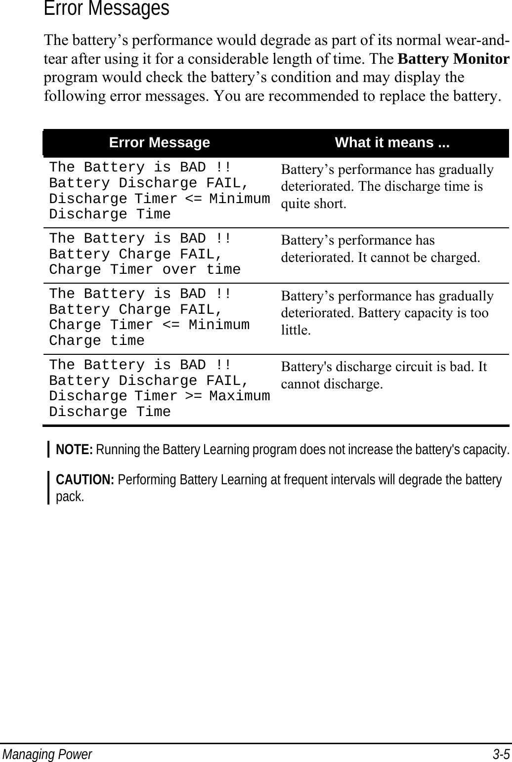  Managing Power  3-5 Error Messages The battery’s performance would degrade as part of its normal wear-and- tear after using it for a considerable length of time. The Battery Monitor program would check the battery’s condition and may display the following error messages. You are recommended to replace the battery.  Error Message  What it means ... The Battery is BAD !! Battery Discharge FAIL, Discharge Timer &lt;= Minimum Discharge Time Battery’s performance has gradually deteriorated. The discharge time is quite short. The Battery is BAD !! Battery Charge FAIL, Charge Timer over time Battery’s performance has deteriorated. It cannot be charged. The Battery is BAD !! Battery Charge FAIL, Charge Timer &lt;= Minimum Charge time Battery’s performance has gradually deteriorated. Battery capacity is too little. The Battery is BAD !! Battery Discharge FAIL, Discharge Timer &gt;= Maximum Discharge Time Battery&apos;s discharge circuit is bad. It cannot discharge.  NOTE: Running the Battery Learning program does not increase the battery&apos;s capacity.  CAUTION: Performing Battery Learning at frequent intervals will degrade the battery pack.  