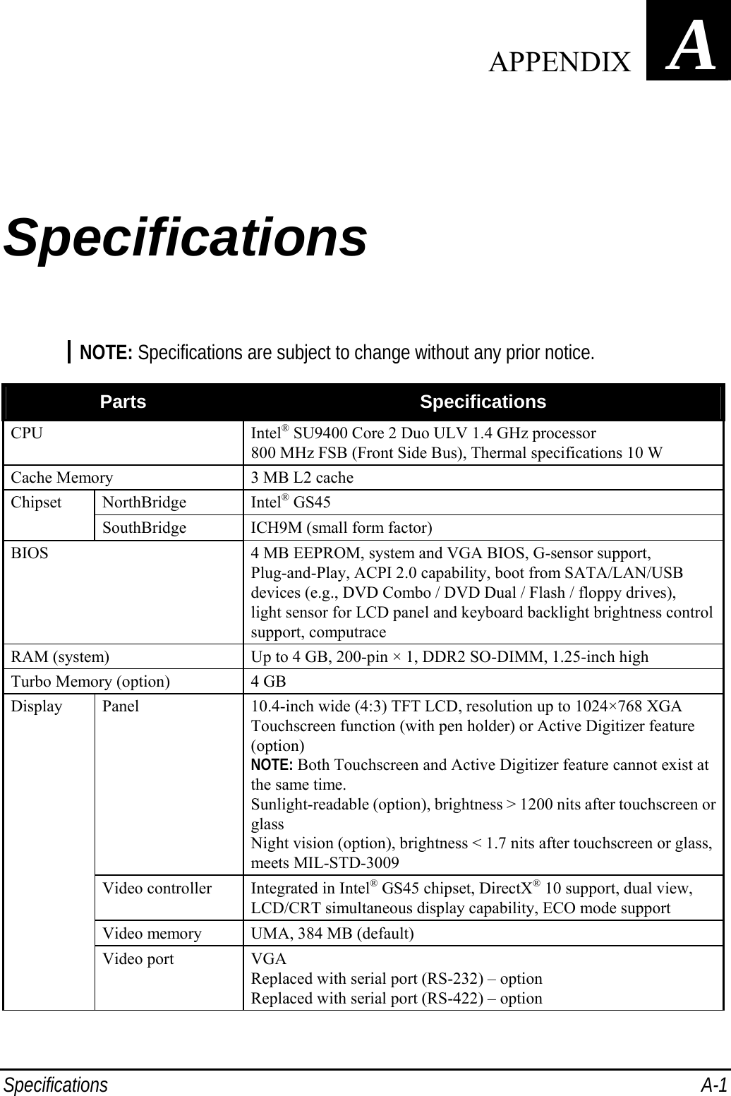  Specifications A-1 Appendix   ASpecifications NOTE: Specifications are subject to change without any prior notice.  Parts  Specifications CPU Intel® SU9400 Core 2 Duo ULV 1.4 GHz processor 800 MHz FSB (Front Side Bus), Thermal specifications 10 W Cache Memory  3 MB L2 cache NorthBridge Intel® GS45 Chipset SouthBridge  ICH9M (small form factor) BIOS  4 MB EEPROM, system and VGA BIOS, G-sensor support, Plug-and-Play, ACPI 2.0 capability, boot from SATA/LAN/USB devices (e.g., DVD Combo / DVD Dual / Flash / floppy drives), light sensor for LCD panel and keyboard backlight brightness control support, computrace RAM (system)  Up to 4 GB, 200-pin × 1, DDR2 SO-DIMM, 1.25-inch high Turbo Memory (option)  4 GB Panel  10.4-inch wide (4:3) TFT LCD, resolution up to 1024×768 XGA Touchscreen function (with pen holder) or Active Digitizer feature (option) NOTE: Both Touchscreen and Active Digitizer feature cannot exist at the same time. Sunlight-readable (option), brightness &gt; 1200 nits after touchscreen or glass Night vision (option), brightness &lt; 1.7 nits after touchscreen or glass, meets MIL-STD-3009 Video controller  Integrated in Intel® GS45 chipset, DirectX® 10 support, dual view, LCD/CRT simultaneous display capability, ECO mode support Video memory  UMA, 384 MB (default) Display Video port  VGA Replaced with serial port (RS-232) – option Replaced with serial port (RS-422) – option  APPENDIX 