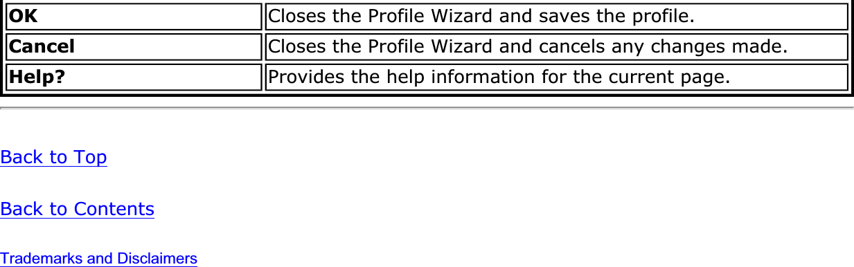 OK Closes the Profile Wizard and saves the profile.Cancel Closes the Profile Wizard and cancels any changes made.Help? Provides the help information for the current page.Back to TopBack to ContentsTrademarks and Disclaimers