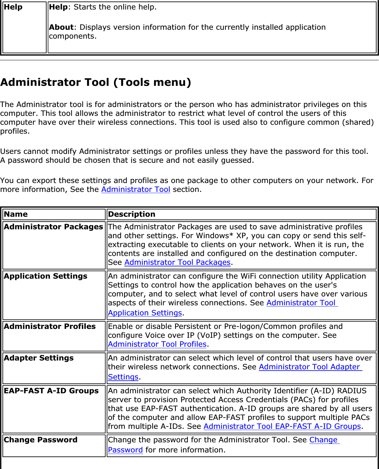 Help Help: Starts the online help.About: Displays version information for the currently installed application components.Administrator Tool (Tools menu)The Administrator tool is for administrators or the person who has administrator privileges on this computer. This tool allows the administrator to restrict what level of control the users of this computer have over their wireless connections. This tool is used also to configure common (shared) profiles.Users cannot modify Administrator settings or profiles unless they have the password for this tool. A password should be chosen that is secure and not easily guessed.You can export these settings and profiles as one package to other computers on your network. For more information, See the Administrator Tool section.Name DescriptionAdministrator Packages The Administrator Packages are used to save administrative profiles and other settings. For Windows* XP, you can copy or send this self-extracting executable to clients on your network. When it is run, the contents are installed and configured on the destination computer. See Administrator Tool Packages.Application Settings An administrator can configure the WiFi connection utility Application Settings to control how the application behaves on the user&apos;s computer, and to select what level of control users have over various aspects of their wireless connections. See Administrator Tool Application Settings.Administrator Profiles Enable or disable Persistent or Pre-logon/Common profiles and configure Voice over IP (VoIP) settings on the computer. See Administrator Tool Profiles.Adapter Settings An administrator can select which level of control that users have over their wireless network connections. See Administrator Tool Adapter Settings.EAP-FAST A-ID Groups An administrator can select which Authority Identifier (A-ID) RADIUS server to provision Protected Access Credentials (PACs) for profiles that use EAP-FAST authentication. A-ID groups are shared by all users of the computer and allow EAP-FAST profiles to support multiple PACs from multiple A-IDs. See Administrator Tool EAP-FAST A-ID Groups.Change Password Change the password for the Administrator Tool. See ChangePassword for more information.