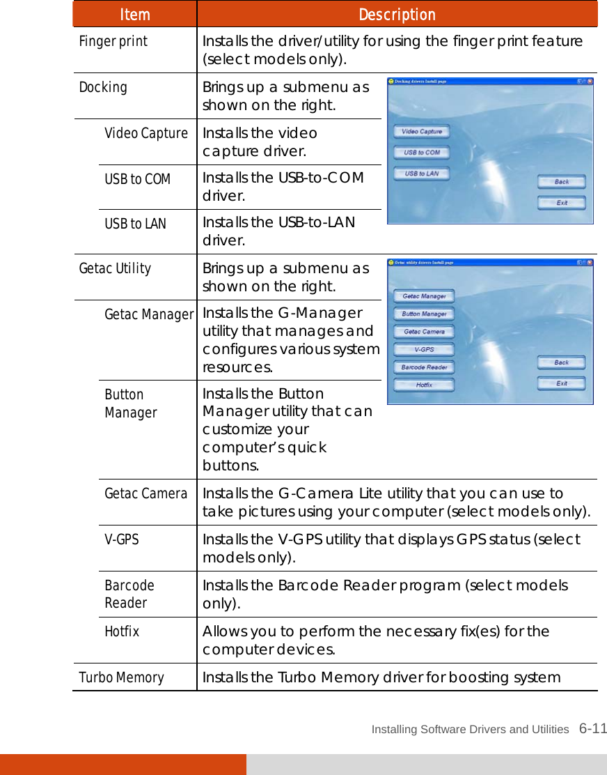  Installing Software Drivers and Utilities   6-11 Item  Description Finger print Installs the driver/utility for using the finger print feature (select models only). Docking Brings up a submenu as shown on the right. Video Capture Installs the video capture driver. USB to COM Installs the USB-to-COM  driver.  USB to LAN  Installs the USB-to-LAN driver.   Getac Utility Brings up a submenu as shown on the right. Getac Manager Installs the G-Manager utility that manages and configures various system resources. Button Manager Installs the Button Manager utility that can customize your computer’s quick buttons.  Getac Camera  Installs the G-Camera Lite utility that you can use to take pictures using your computer (select models only). V-GPS  Installs the V-GPS utility that displays GPS status (select models only). Barcode Reader  Installs the Barcode Reader program (select models only).  Hotfix  Allows you to perform the necessary fix(es) for the computer devices. Turbo Memory Installs the Turbo Memory driver for boosting system 