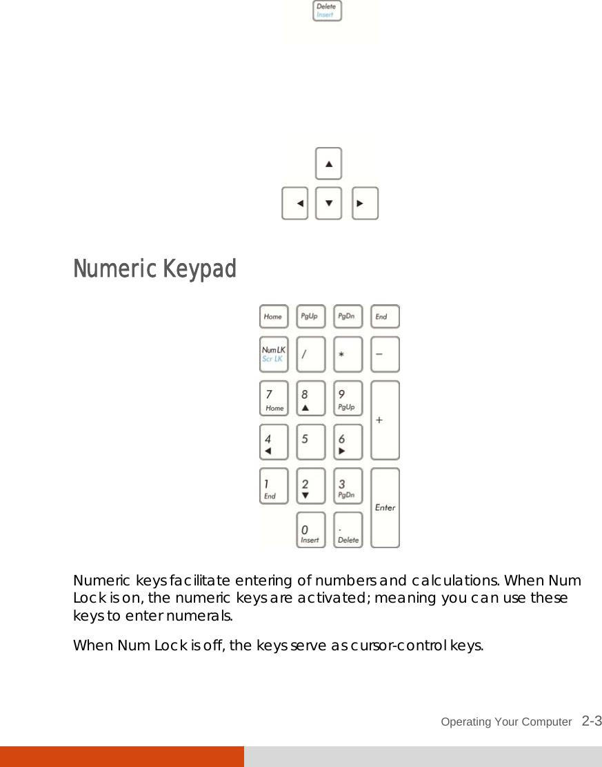  Operating Your Computer   2-3  Numeric Keypad  Numeric keys facilitate entering of numbers and calculations. When Num Lock is on, the numeric keys are activated; meaning you can use these keys to enter numerals. When Num Lock is off, the keys serve as cursor-control keys. 