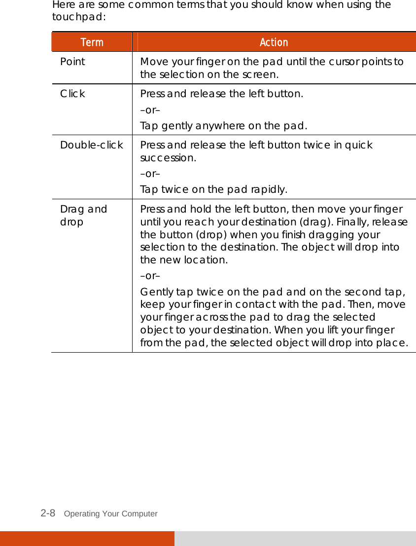  2-8   Operating Your Computer Here are some common terms that you should know when using the touchpad: Term  Action Point  Move your finger on the pad until the cursor points to the selection on the screen. Click  Press and release the left button. –or– Tap gently anywhere on the pad. Double-click  Press and release the left button twice in quick succession. –or– Tap twice on the pad rapidly. Drag and drop  Press and hold the left button, then move your finger until you reach your destination (drag). Finally, release the button (drop) when you finish dragging your selection to the destination. The object will drop into the new location. –or– Gently tap twice on the pad and on the second tap, keep your finger in contact with the pad. Then, move your finger across the pad to drag the selected object to your destination. When you lift your finger from the pad, the selected object will drop into place. 