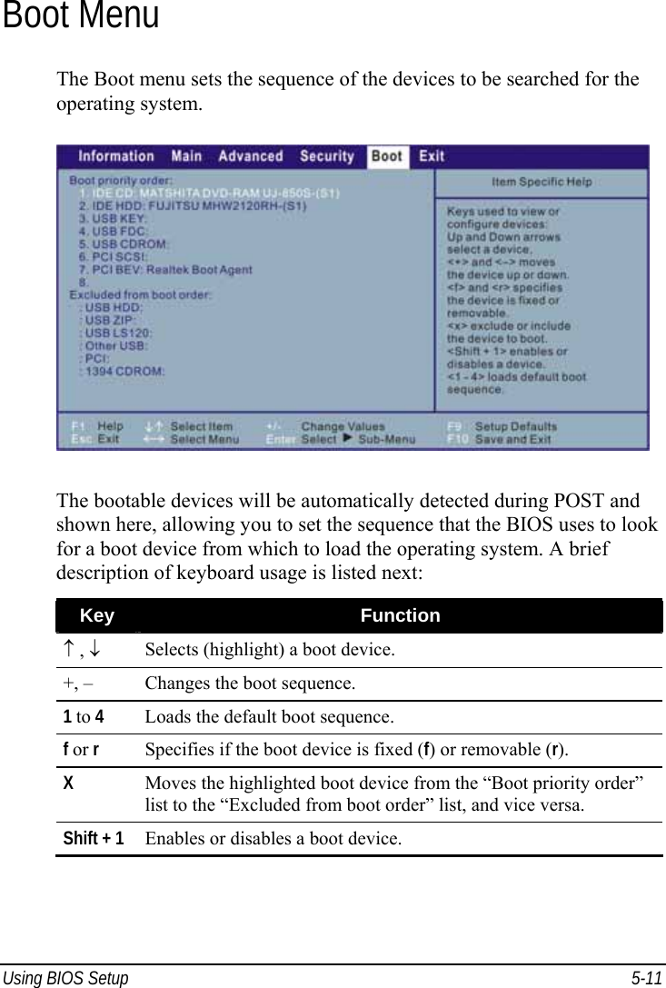  Using BIOS Setup  5-11 Boot Menu The Boot menu sets the sequence of the devices to be searched for the operating system.  The bootable devices will be automatically detected during POST and shown here, allowing you to set the sequence that the BIOS uses to look for a boot device from which to load the operating system. A brief description of keyboard usage is listed next: Key  Function ↑ , ↓ Selects (highlight) a boot device. +, –  Changes the boot sequence. 1 to 4  Loads the default boot sequence. f or r  Specifies if the boot device is fixed (f) or removable (r). X Moves the highlighted boot device from the “Boot priority order” list to the “Excluded from boot order” list, and vice versa. Shift + 1  Enables or disables a boot device. 