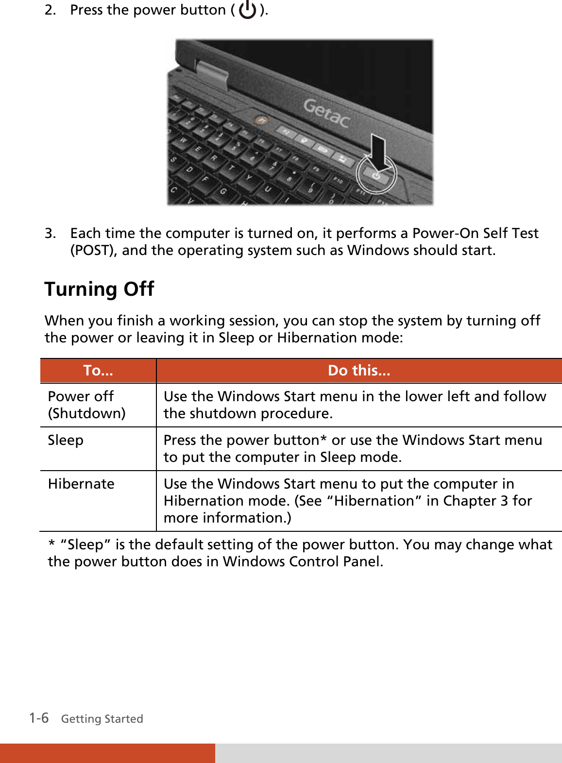  1-6   Getting Started 2. Press the power button (   ).  3. Each time the computer is turned on, it performs a Power-On Self Test (POST), and the operating system such as Windows should start. Turning Off When you finish a working session, you can stop the system by turning off the power or leaving it in Sleep or Hibernation mode: To...  Do this... Power off (Shutdown) Use the Windows Start menu in the lower left and follow the shutdown procedure. Sleep  Press the power button* or use the Windows Start menu to put the computer in Sleep mode. Hibernate  Use the Windows Start menu to put the computer in Hibernation mode. (See “Hibernation” in Chapter 3 for more information.) * “Sleep” is the default setting of the power button. You may change what the power button does in Windows Control Panel. 