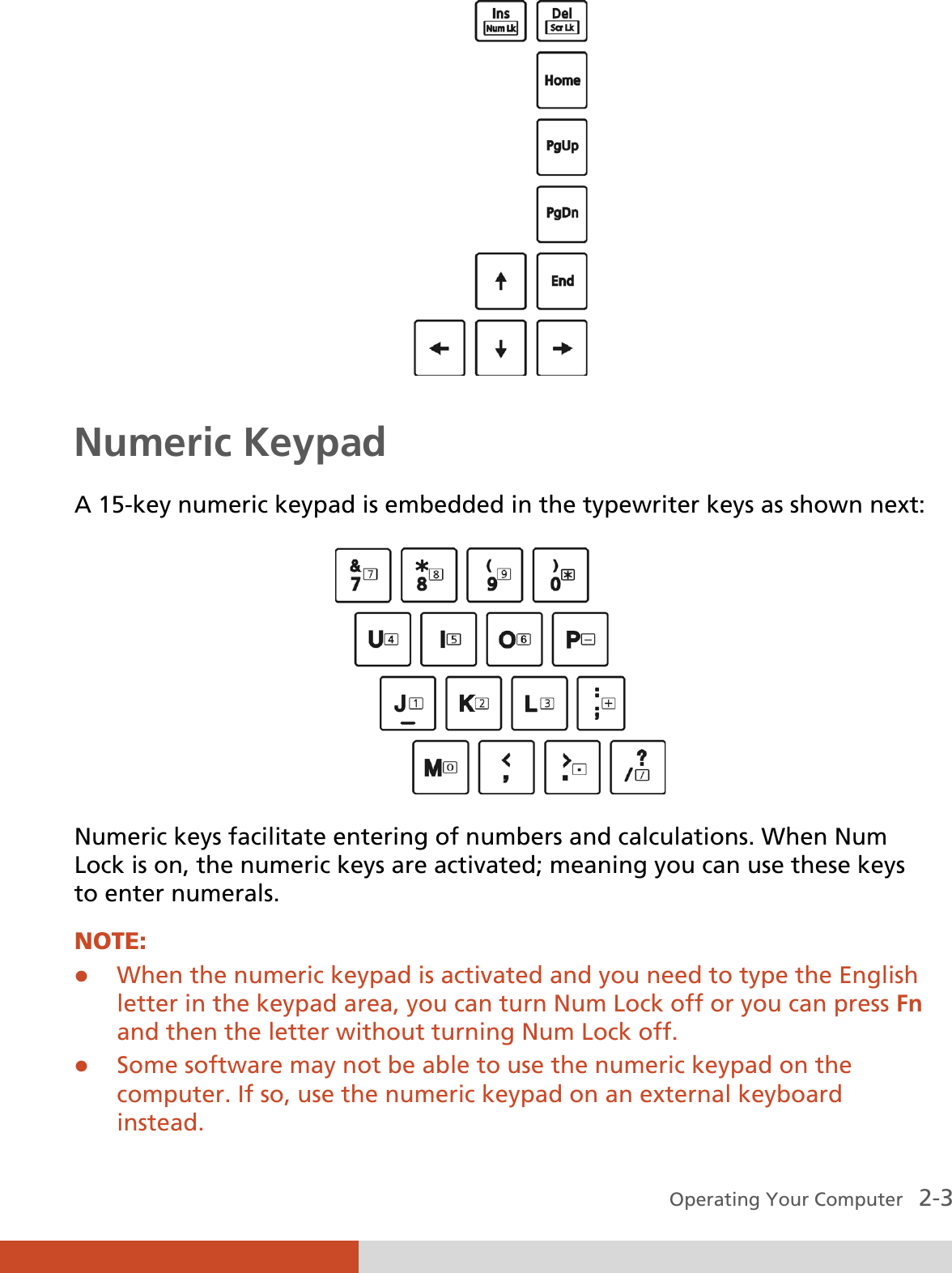  Operating Your Computer   2-3  Numeric Keypad A 15-key numeric keypad is embedded in the typewriter keys as shown next:  Numeric keys facilitate entering of numbers and calculations. When Num Lock is on, the numeric keys are activated; meaning you can use these keys to enter numerals. NOTE: z When the numeric keypad is activated and you need to type the English letter in the keypad area, you can turn Num Lock off or you can press Fn and then the letter without turning Num Lock off. z Some software may not be able to use the numeric keypad on the computer. If so, use the numeric keypad on an external keyboard instead. 
