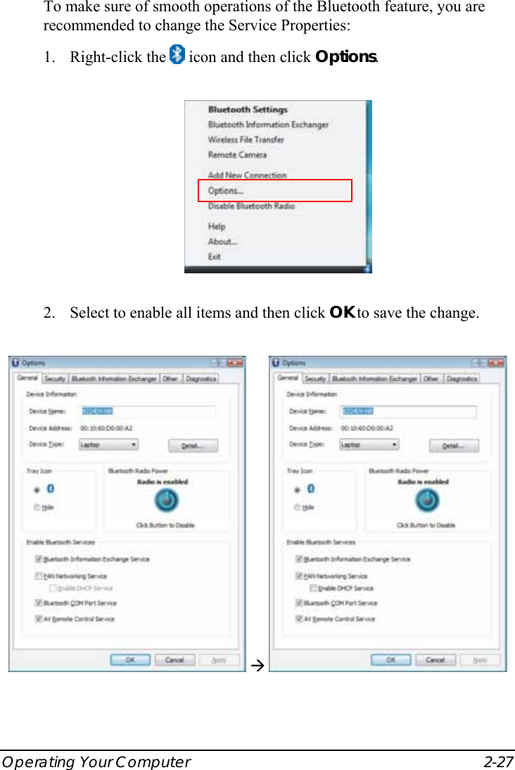  Operating Your Computer  2-27 To make sure of smooth operations of the Bluetooth feature, you are recommended to change the Service Properties: 1. Right-click the   icon and then click Options.  2. Select to enable all items and then click OK to save the change.  Æ   