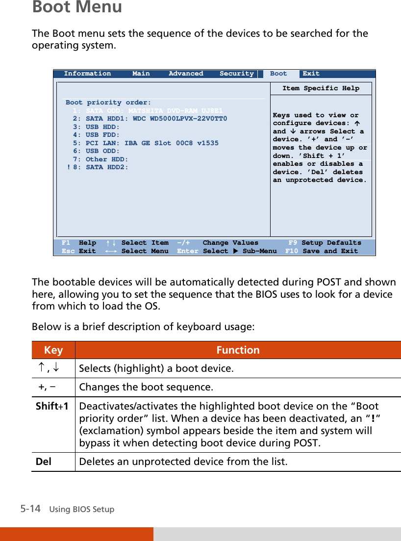  5-14   Using BIOS Setup Boot Menu The Boot menu sets the sequence of the devices to be searched for the operating system.   Information Main Advanced Security Boot Exit         Boot priority order: 1: SATA ODD: MATSHITA DVD-RAM UJ8E1 2: SATA HDD1: WDC WD5000LPVX-22V0TT0 3: USB HDD: 4: USB FDD: 5: PCI LAN: IBA GE Slot 00C8 v1535 6: USB ODD: 7: Other HDD:  ! 8: SATA HDD2:                  Item Specific Help    Keys used to view or configure devices:  and  arrows Select a device. ’+’ and ’-’ moves the device up or down. ’Shift + 1’ enables or disables a device. ’Del’ deletes  an unprotected device.        F1  Help  ↑↓ Select Item  -/+   Change Values       F9 Setup Defaults Esc Exit  ←→ Select Menu  Enter Select  Sub-Menu  F10 Save and Exit  The bootable devices will be automatically detected during POST and shown here, allowing you to set the sequence that the BIOS uses to look for a device from which to load the OS. Below is a brief description of keyboard usage: Key  Function ↑ , ↓ Selects (highlight) a boot device. +, –  Changes the boot sequence. Shift+1 Deactivates/activates the highlighted boot device on the “Boot priority order” list. When a device has been deactivated, an “!” (exclamation) symbol appears beside the item and system will bypass it when detecting boot device during POST. Del Deletes an unprotected device from the list. 