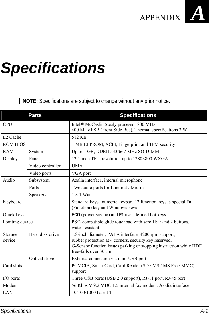  Specifications A-1 Appendix   A Specifications NOTE: Specifications are subject to change without any prior notice.  Parts  Specifications CPU  Intel® McCaslin Stealy processor 800 MHz 400 MHz FSB (Front Side Bus), Thermal specifications 3 W L2 Cache  512 KB ROM BIOS  1 MB EEPROM, ACPI, Fingerprint and TPM security RAM  System  Up to 1 GB, DDRII 533/667 MHz SO-DIMM Panel  12.1-inch TFT, resolution up to 1280×800 WXGA Video controller  UMA Display Video ports  VGA port Subsystem  Azalia interface, internal microphone Ports  Two audio ports for Line-out / Mic-in Audio Speakers  1 × 1 Watt Keyboard  Standard keys,  numeric keypad, 12 function keys, a special Fn (Function) key and Windows keys Quick keys  ECO (power saving) and P1 user-defined hot keys Pointing device  PS/2-compatible glide touchpad with scroll bar and 2 buttons, water resistant Hard disk drive  1.8-inch diameter, PATA interface, 4200 rpm support, rubber protection at 4 corners, security key reserved, G-Sensor function issues parking or stopping instruction while HDD free-falls over 30 cm Storage device Optical drive  External connection via mini-USB port Card slots  PCMCIA, Smart Card, Card Reader (SD / MS / MS Pro / MMC) support I/O ports  Three USB ports (USB 2.0 support), RJ-11 port, RJ-45 port Modem  56 Kbps V.9.2 MDC 1.5 internal fax modem, Azalia interface LAN 10/100/1000 based-T  APPENDIX 