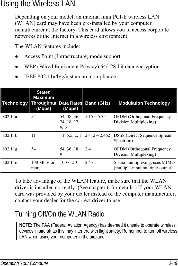 Operating Your Computer  2-29 Using the Wireless LAN Depending on your model, an internal mini PCI-E wireless LAN (WLAN) card may have been pre-installed by your computer manufacturer at the factory. This card allows you to access corporate networks or the Internet in a wireless environment. The WLAN features include:   Access Point (Infrastructure) mode support   WEP (Wired Equivalent Privacy) 64/128-bit data encryption   IEEE 802.11a/b/g/n standard compliance    TechnologyStated Maximum Throughput (Mbps)   Data Rates (Mbps)   Band (GHz)  Modulation Technology 802.11a  54  54, 48, 36, 24, 18, 12, 9, 6 5.15 ~ 5.35 OFDM (Orthogonal Frequency Division Multiplexing) 802.11b  11  11, 5.5, 2, 1 2.412 ~ 2.462 DSSS (Direct Sequence Spread Spectrum) 802.11g  54  54, 36, 18, 9 2.4  OFDM (Orthogonal Frequency Division Multiplexing) 802.11n  100 Mbps or more 100 ~ 210  2.4 / 5  Spatial multiplexing, uses MIMO (multiple-input multiple-output)  To take advantage of the WLAN feature, make sure that the WLAN driver is installed correctly. (See chapter 6 for details.) If your WLAN card was provided by your dealer instead of the computer manufacturer, contact your dealer for the correct driver to use. Turning Off/On the WLAN Radio NOTE: The FAA (Federal Aviation Agency) has deemed it unsafe to operate wireless devices in aircraft as this may interfere with flight safety. Remember to turn off wireless LAN when using your computer in the airplane.  