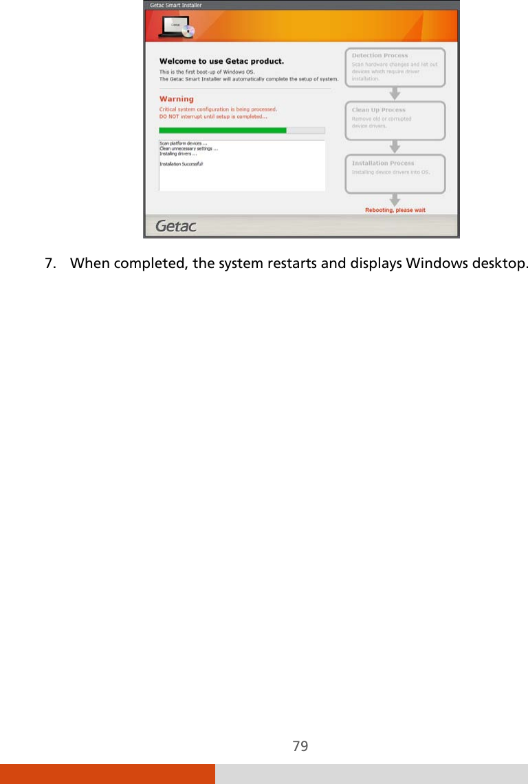 79  7. When completed, the system restarts and displays Windows desktop. 