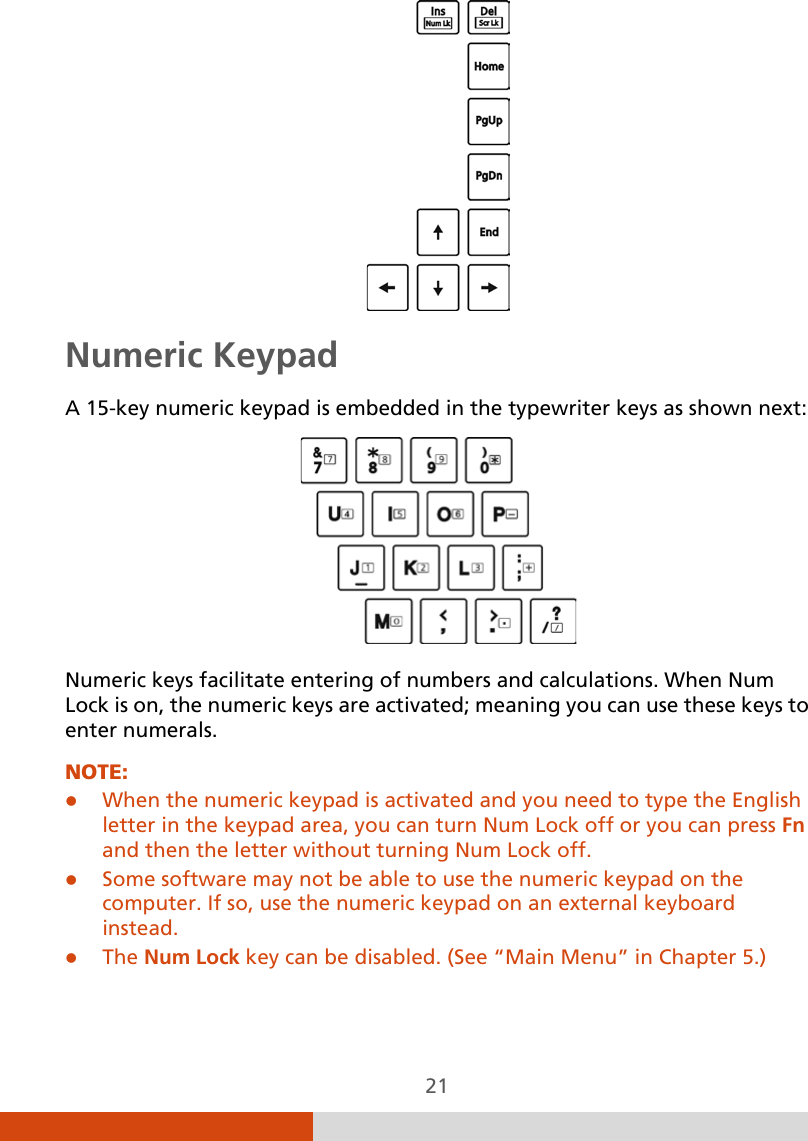  21  Numeric Keypad A 15-key numeric keypad is embedded in the typewriter keys as shown next:  Numeric keys facilitate entering of numbers and calculations. When Num Lock is on, the numeric keys are activated; meaning you can use these keys to enter numerals. NOTE:  When the numeric keypad is activated and you need to type the English letter in the keypad area, you can turn Num Lock off or you can press Fn and then the letter without turning Num Lock off.  Some software may not be able to use the numeric keypad on the computer. If so, use the numeric keypad on an external keyboard instead.  The Num Lock key can be disabled. (See “Main Menu” in Chapter 5.) 