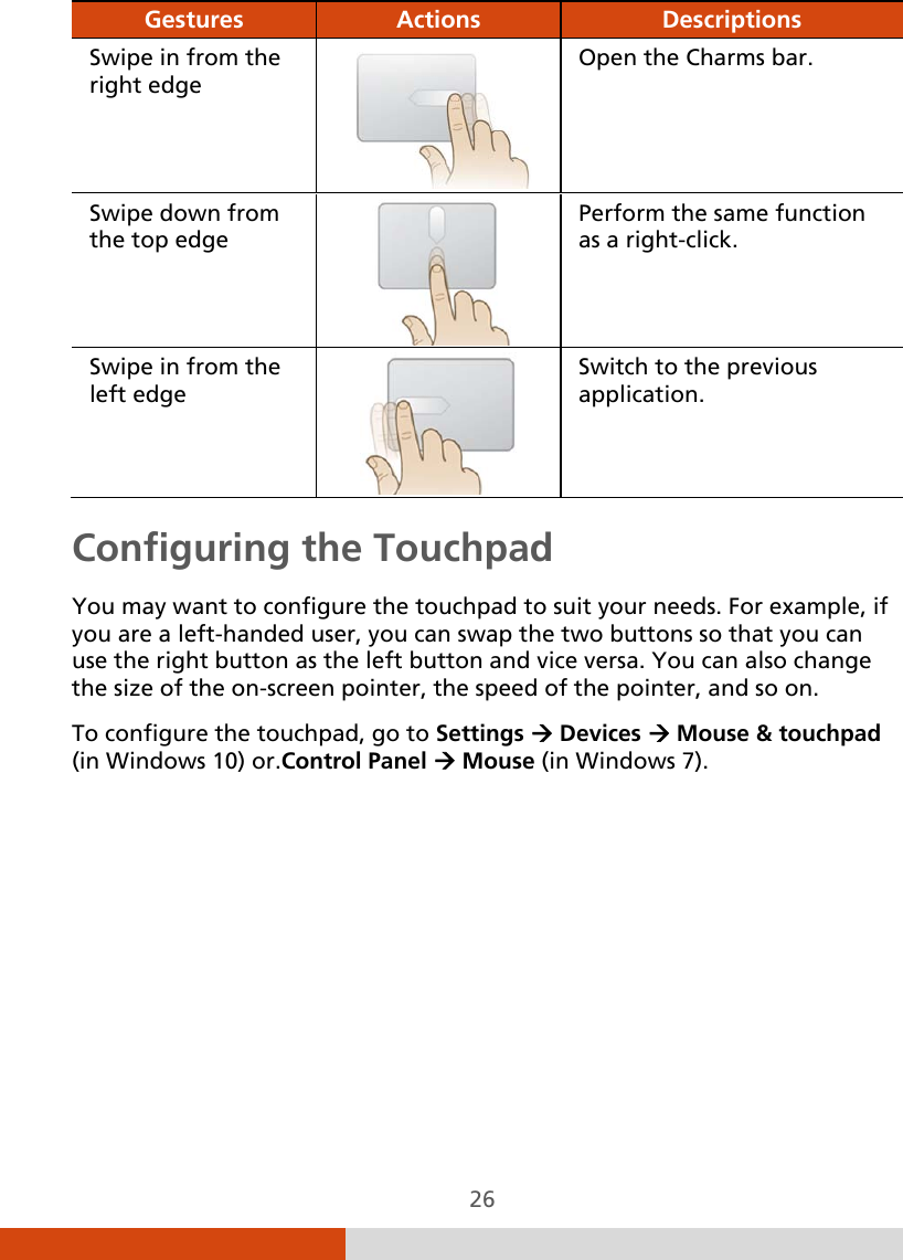  26 Gestures  Actions  Descriptions Swipe in from the right edge  Open the Charms bar. Swipe down from the top edge  Perform the same function as a right-click. Swipe in from the left edge  Switch to the previous application. Configuring the Touchpad You may want to configure the touchpad to suit your needs. For example, if you are a left-handed user, you can swap the two buttons so that you can use the right button as the left button and vice versa. You can also change the size of the on-screen pointer, the speed of the pointer, and so on. To configure the touchpad, go to Settings  Devices  Mouse &amp; touchpad (in Windows 10) or.Control Panel  Mouse (in Windows 7). 