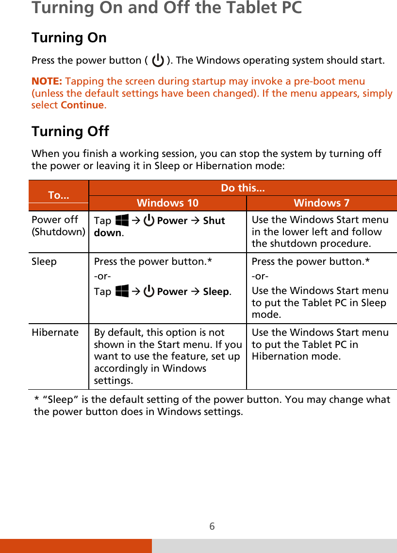  6 Turning On and Off the Tablet PC Turning On Press the power button (   ). The Windows operating system should start. NOTE: Tapping the screen during startup may invoke a pre-boot menu (unless the default settings have been changed). If the menu appears, simply select Continue. Turning Off When you finish a working session, you can stop the system by turning off the power or leaving it in Sleep or Hibernation mode: To... Do this... Windows 10 Windows 7 Power off (Shutdown) Tap      Power  Shut down. Use the Windows Start menu in the lower left and follow the shutdown procedure. Sleep Press the power button.*  -or- Tap      Power  Sleep. Press the power button.* -or- Use the Windows Start menu to put the Tablet PC in Sleep mode. Hibernate  By default, this option is not shown in the Start menu. If you want to use the feature, set up accordingly in Windows settings. Use the Windows Start menu to put the Tablet PC in Hibernation mode. * “Sleep” is the default setting of the power button. You may change what the power button does in Windows settings. 