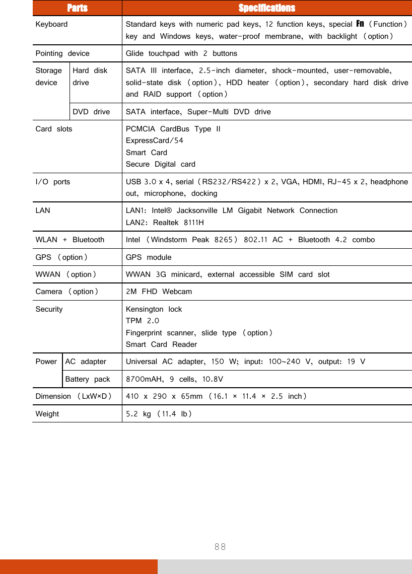  88 Parts Specifications Keyboard Standard keys with numeric pad keys, 12 function keys, special Fn (Function) key and Windows keys, water-proof membrane, with backlight (option) Pointing device Glide touchpad with 2 buttons Storage device Hard disk drive SATA III interface, 2.5-inch diameter, shock-mounted, user-removable, solid-state disk (option), HDD heater (option), secondary hard disk drive and RAID support (option) DVD drive SATA interface, Super-Multi DVD drive Card slots  PCMCIA CardBus Type II ExpressCard/54  Smart Card Secure Digital card I/O ports USB 3.0 x 4, serial (RS232/RS422) x 2, VGA, HDMI, RJ-45 x 2, headphone out, microphone, docking LAN LAN1: Intel®  Jacksonville LM Gigabit Network Connection LAN2: Realtek 8111H WLAN + Bluetooth Intel (Windstorm Peak 8265) 802.11 AC + Bluetooth 4.2 combo GPS (option) GPS module WWAN (option) WWAN 3G minicard, external accessible SIM card slot Camera (option) 2M FHD Webcam Security Kensington lock TPM 2.0 Fingerprint scanner, slide type (option) Smart Card Reader Power AC adapter Universal AC adapter, 150 W; input: 100240 V, output: 19 V Battery pack 8700mAH, 9 cells, 10.8V Dimension (LxW×D) 410 x 290 x 65mm (16.1 × 11.4 × 2.5 inch) Weight 5.2 kg (11.4 lb)    